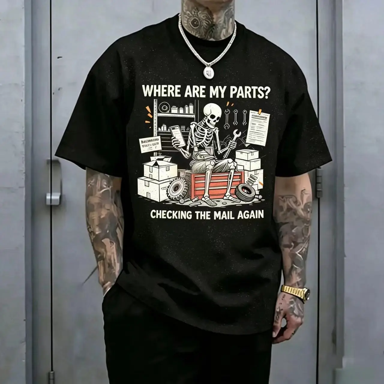 Vintage Garage Skeleton Mechanic Short-Sleeve T-Shirt - Men's Regular Fit Round Neck Menswear, Funny Auto Parts Waiting Quote Print Casual Streetwear Top