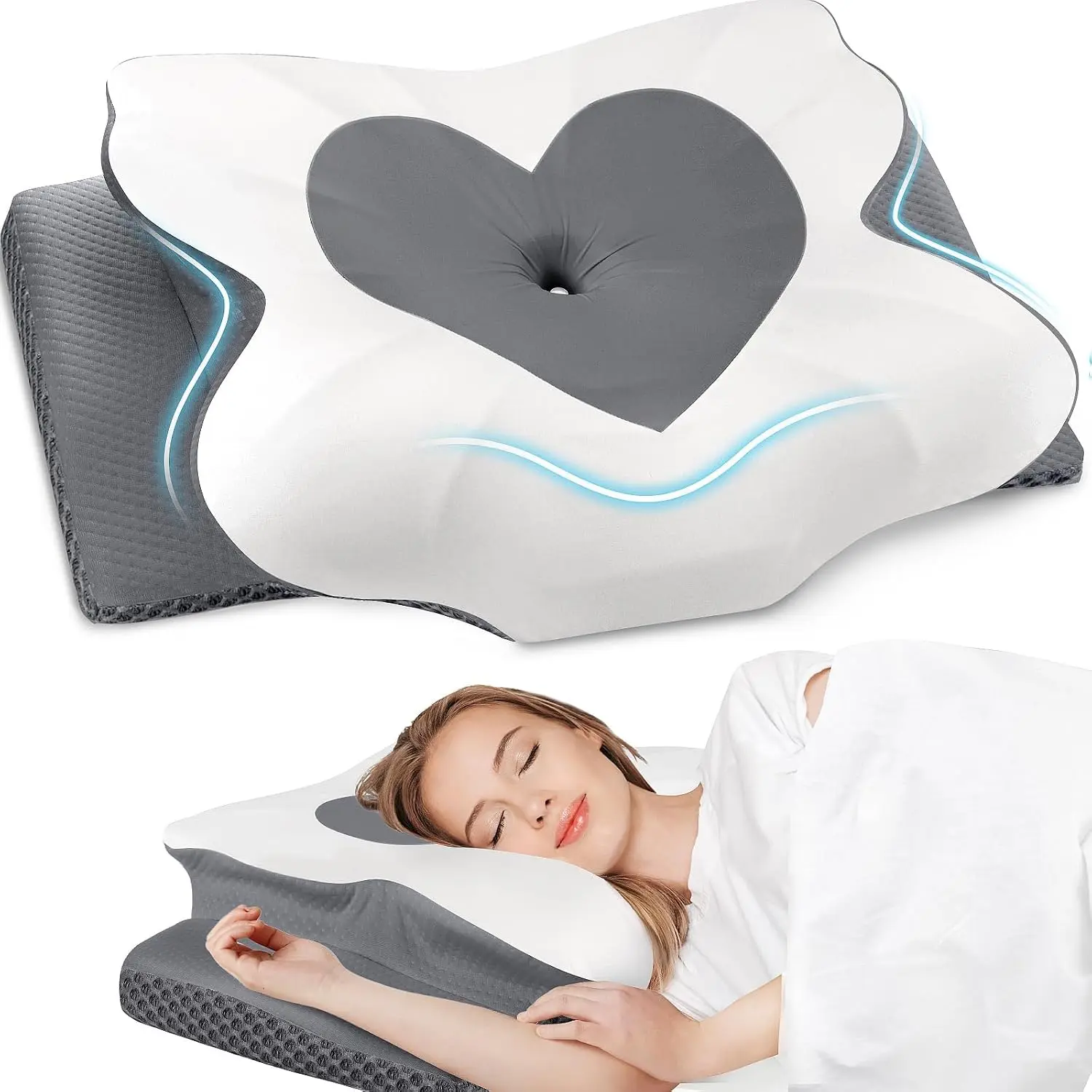 Cervical Neck Pillow, for Sleeping, Shoulder Pillow for Side Sleepers, Back Stomach Sleepers, CertiPUR-US Certified, Queen Size, Grey