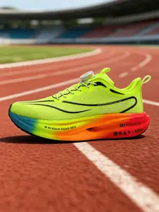 Unisex Dark Green Gradient Knob-Lacing Racing Running Shoes: Professional Racing Style, Dark Green Tone, Purple-Yellow-Green Gradient Sole, Knob Lacing, Streamline Texture, Light Sole. Ideal for Running Racing & Training.
