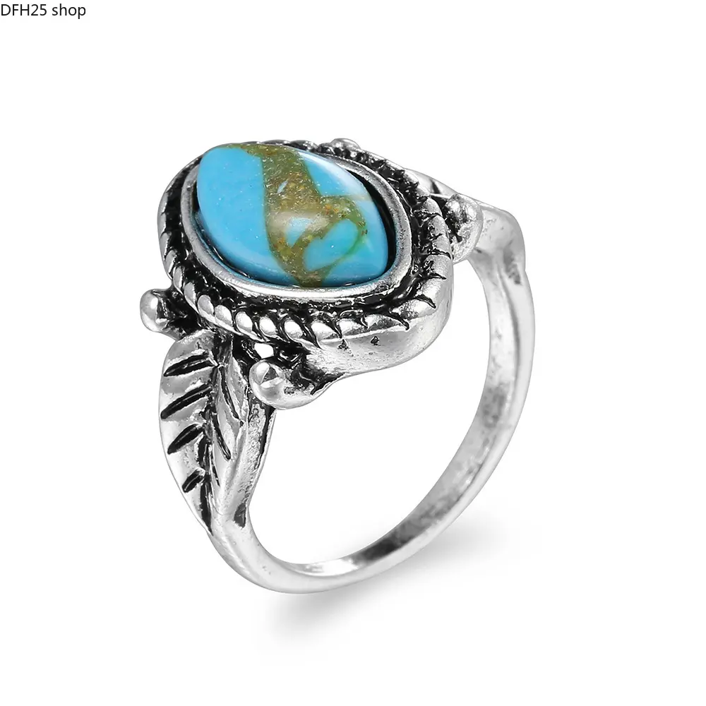 Turquoise Ring With Vintage Leaf Design, Silver Tone Statement Jewelry, Oval Stone Finger Ring For Women, Bohemian Inspired Accessory For Daily Wear And Fashion Outfits