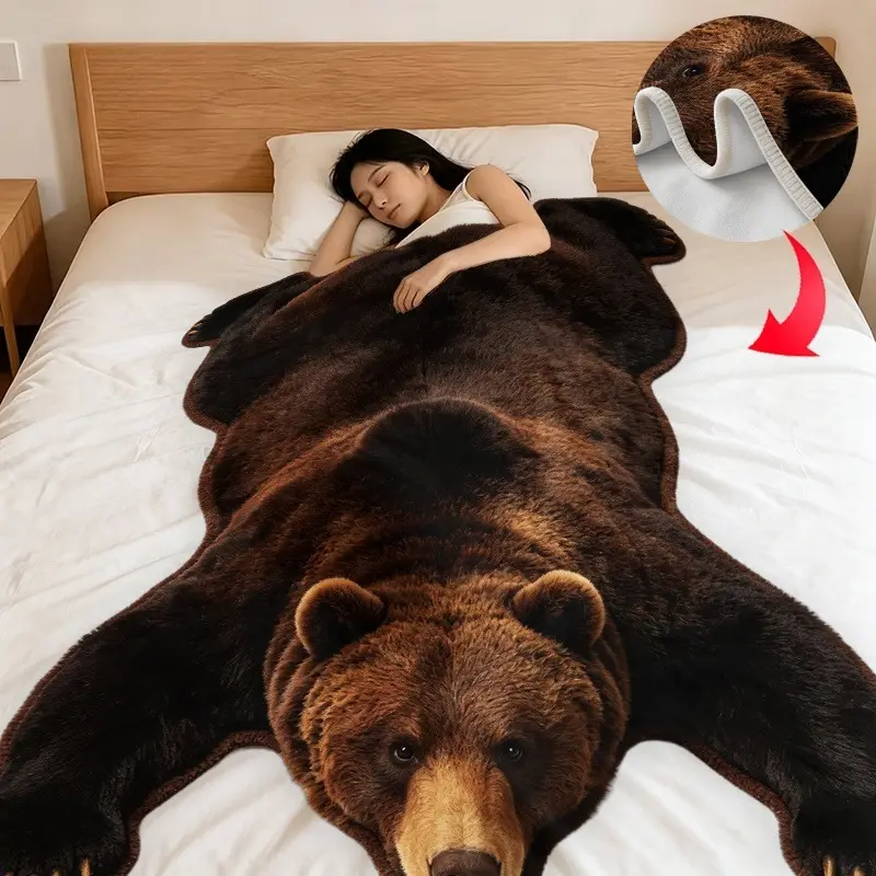 Multiple specs to choose from, creative special-shaped blankets, simulated brown bear skin blankets - suitable for sofas, outdoors, camping, living rooms, beds - digitally printed soft and warm flannel blankets, Blankets and throws