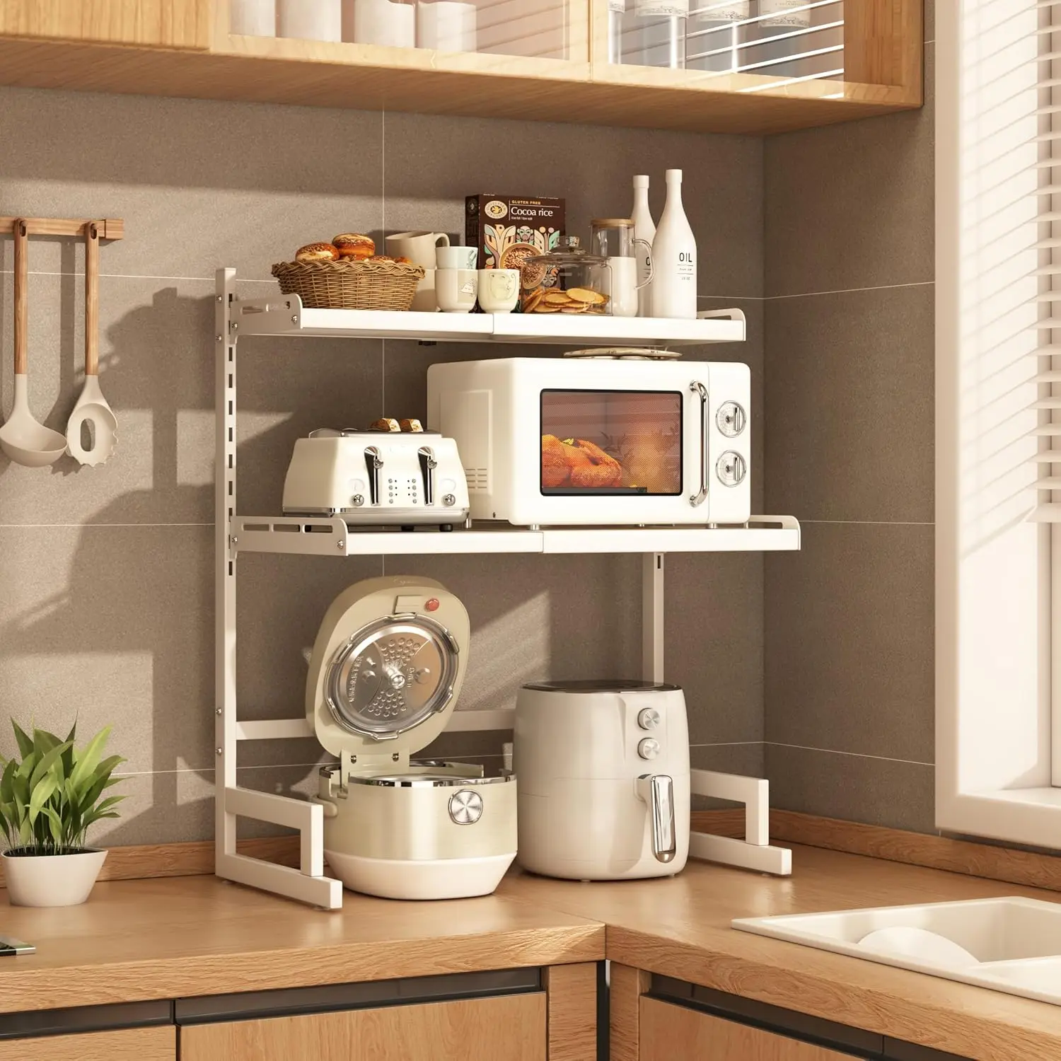 Carbon Steel 3-Tier Height-Adjustable Expandable Countertop Microwave Oven Rack, Heavy-Duty Kitchen Storage Stand with 6 Utensil Hooks for Toaster, Rice Cooker (White)