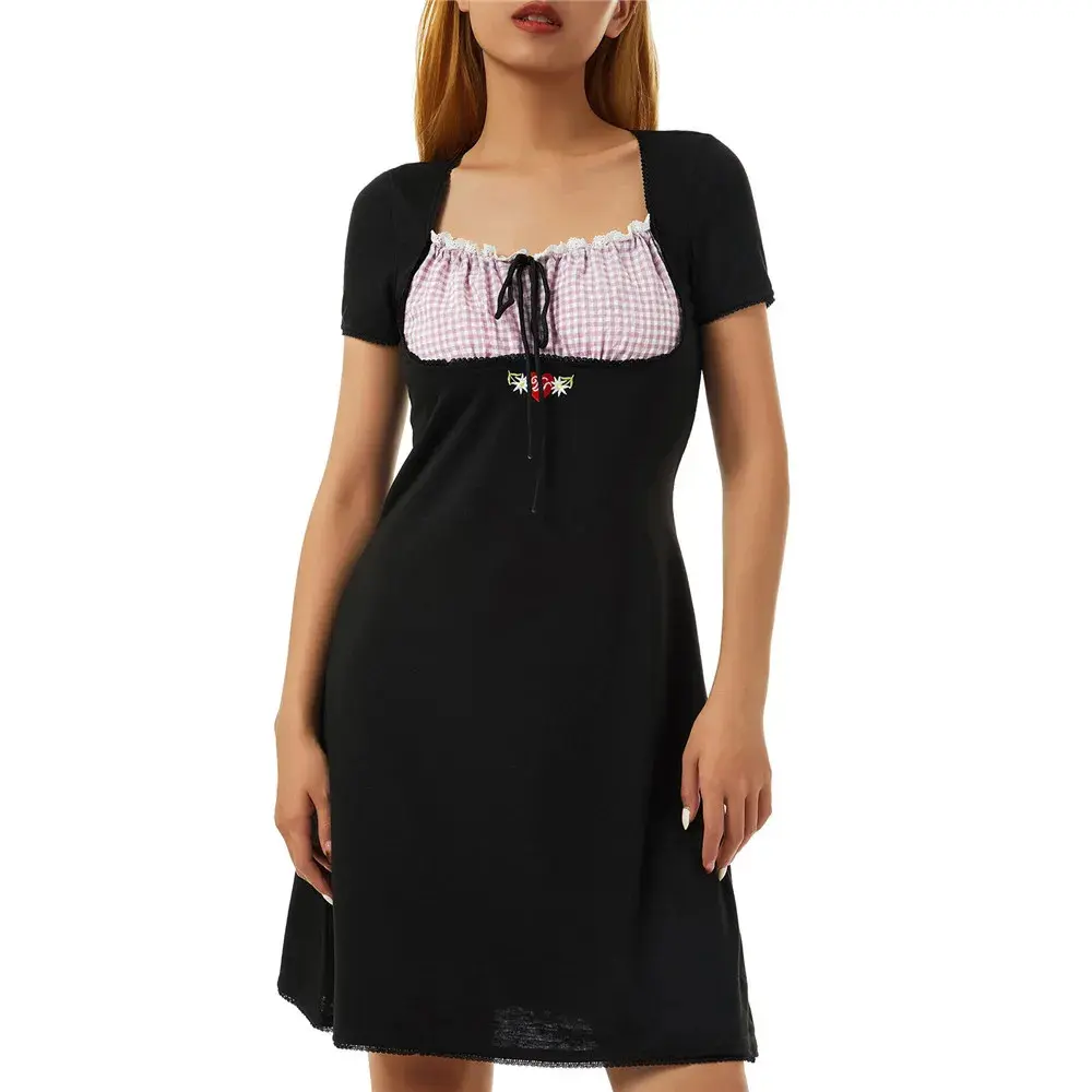Women Y2K Sweet Midi Dress Square Neck Short Sleeve Plaid Patchwork Bow Tie Vintage Casual Summer Dresses