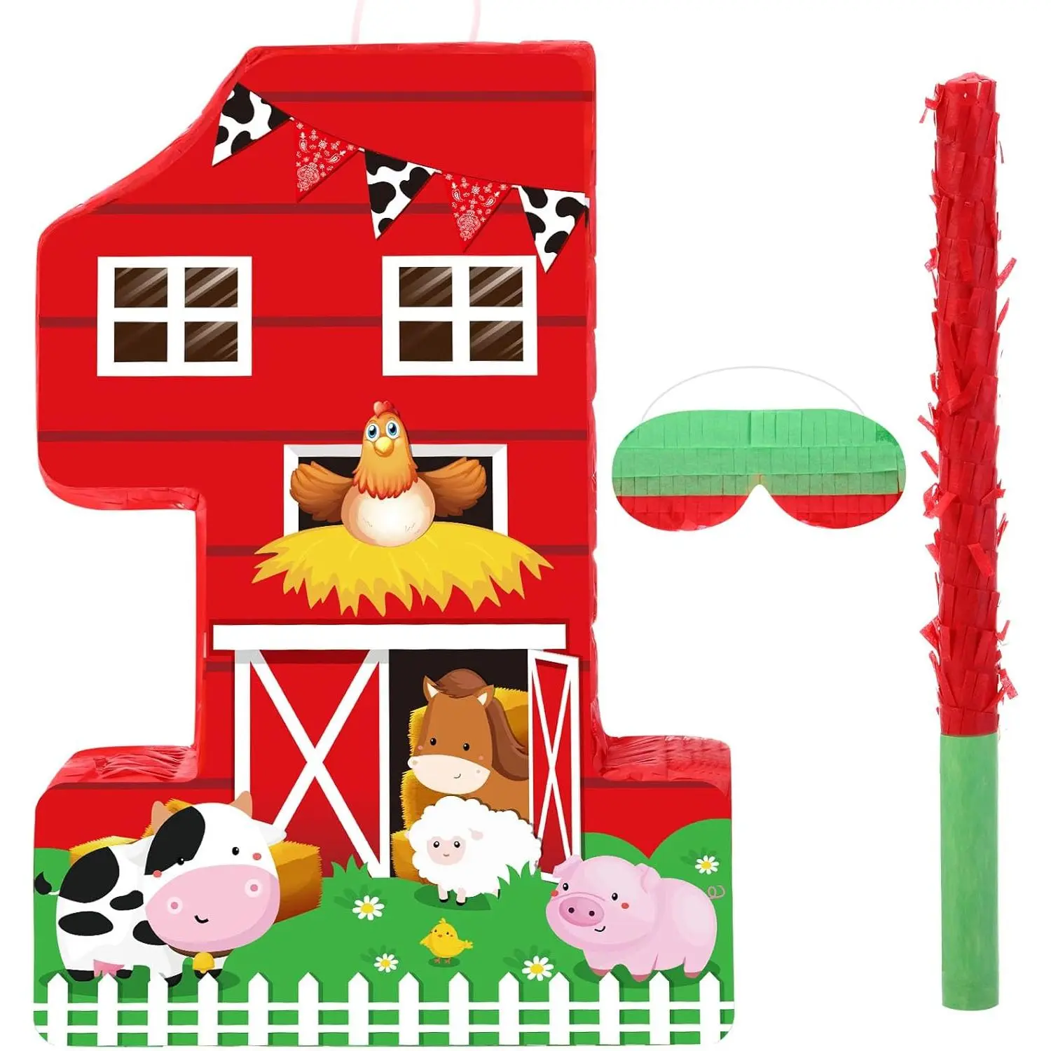 Birthday Number Pinata with Blindfold Bat and Confetti Animal Pinata for Boys Girls Birthday Party Decorations Barnyard Baby Shower Carnival Game Supplies(farm Number 1)