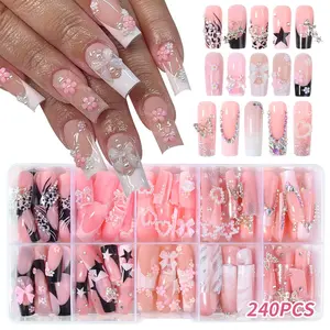 240 Medium Square Press-On Nails, 3D Gel Petal Design, & French Tips, Pearl & Bead Accents, Perfect for Daily Use & Parties