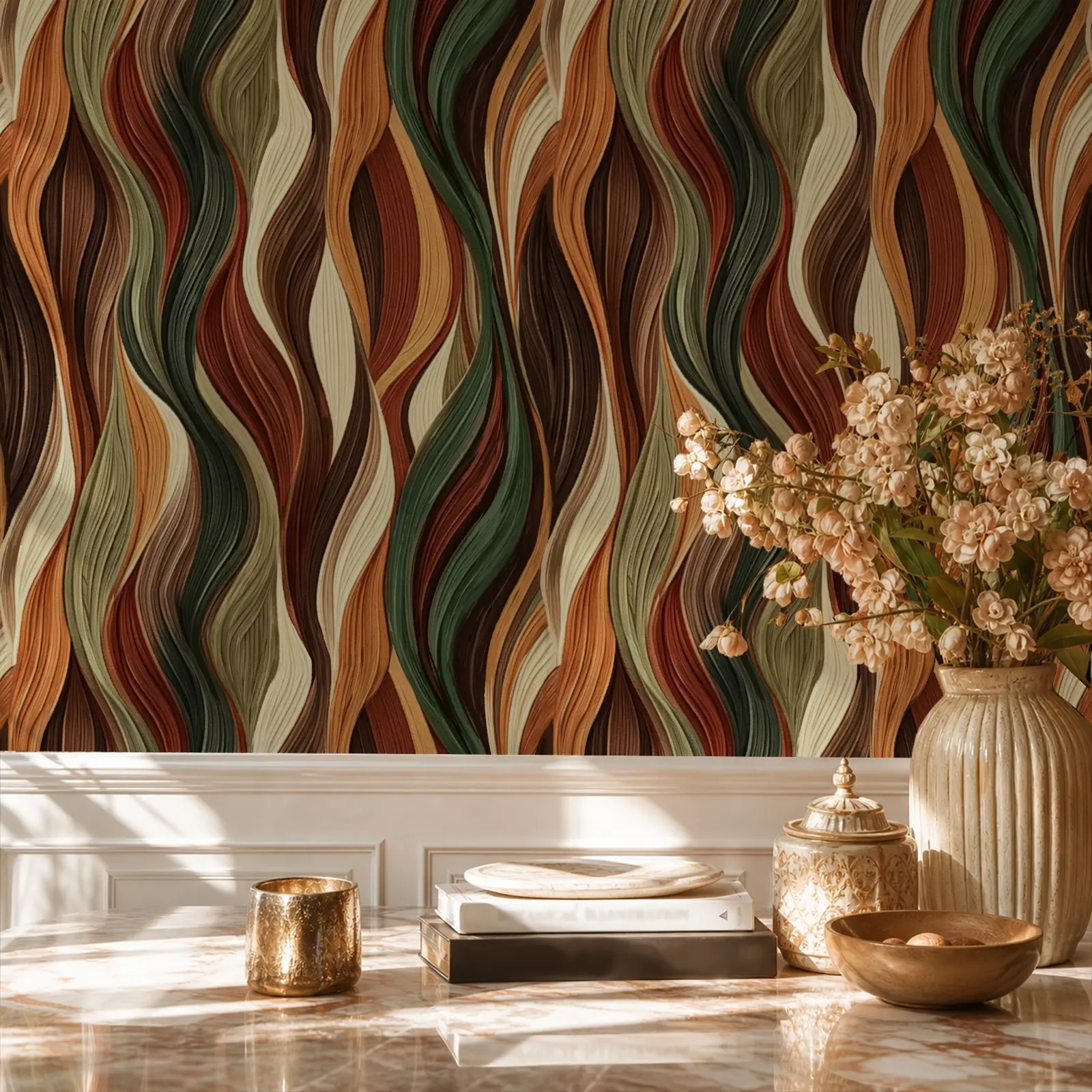 Wave Pattern Self-Adhesive Wallpaper, Vintage Oil Painting Texture Vinyl Waterproof Wall Paper, Removable Renovation Sticker for Living Room Bedroom Cabinet