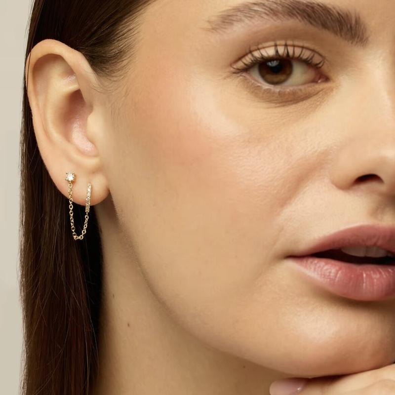 Jstyle 14K Gold Plated Chain Earrings for Women Hypoallergenic Double Piercing Dangle Chain Huggie Hoop Earrings