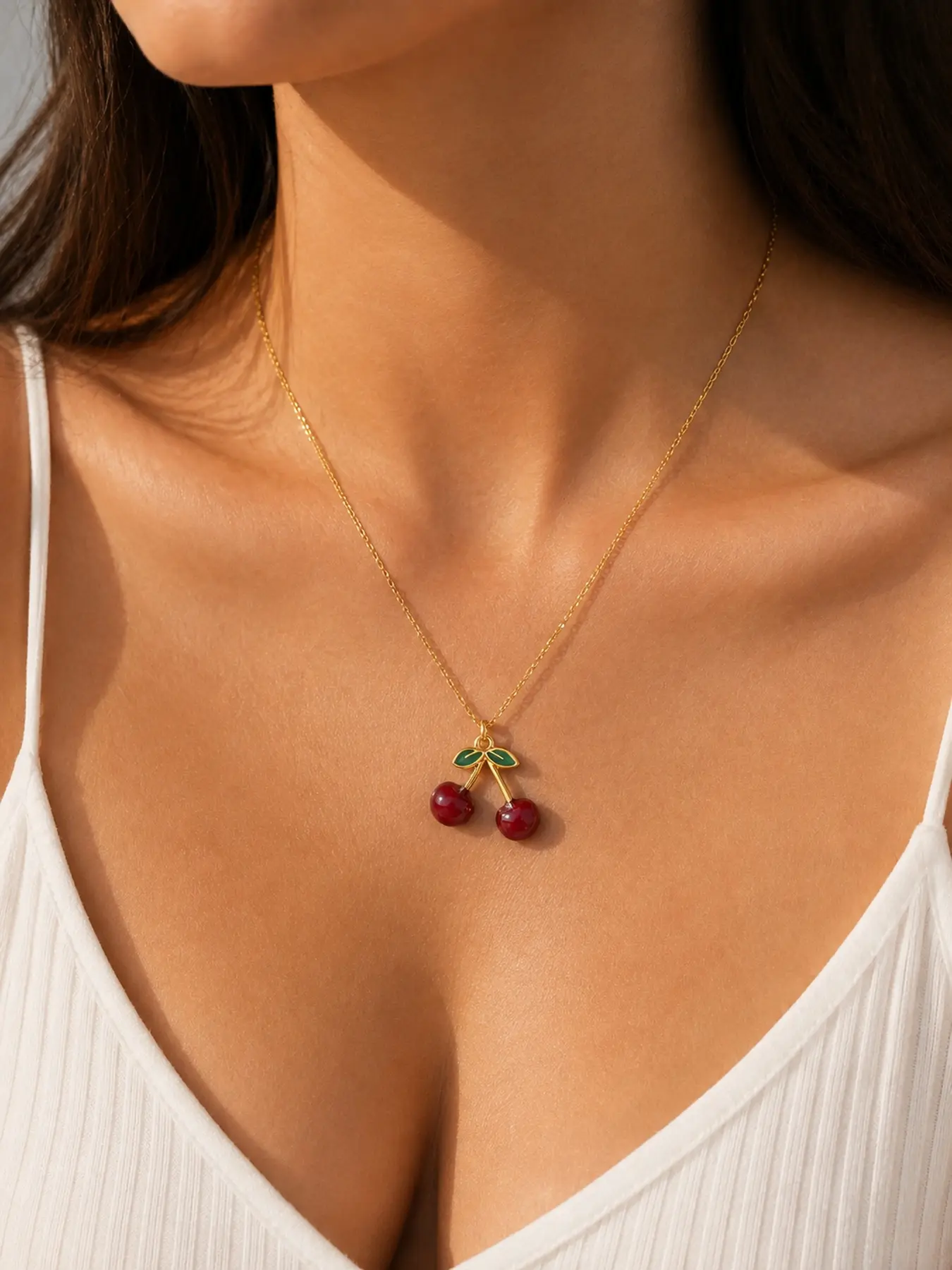 Cute Cherry & Strawberry Pendant Necklace for Women, Stainless Steel Gold Tone Fruit Charm Necklace, Dainty Y2K Summer Jewelry, Trendy Everyday Accessory, Birthday Gift for Her