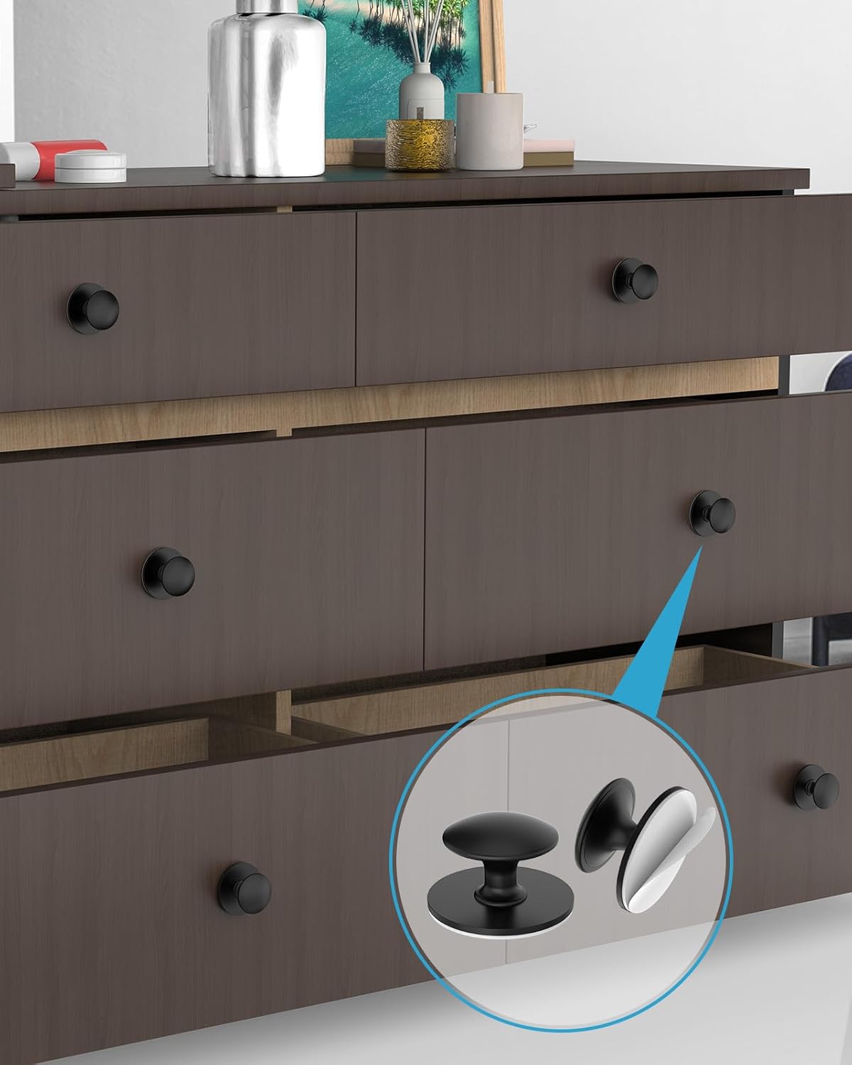 5 Pack Black Self-Adhesive Cabinet Knobs, Self-Stick Hardware Kitchen Cabinet Handles, No-Punch Peel and Stick Drawer Knobs for Refrigerators, Dressers, Windows, Closets