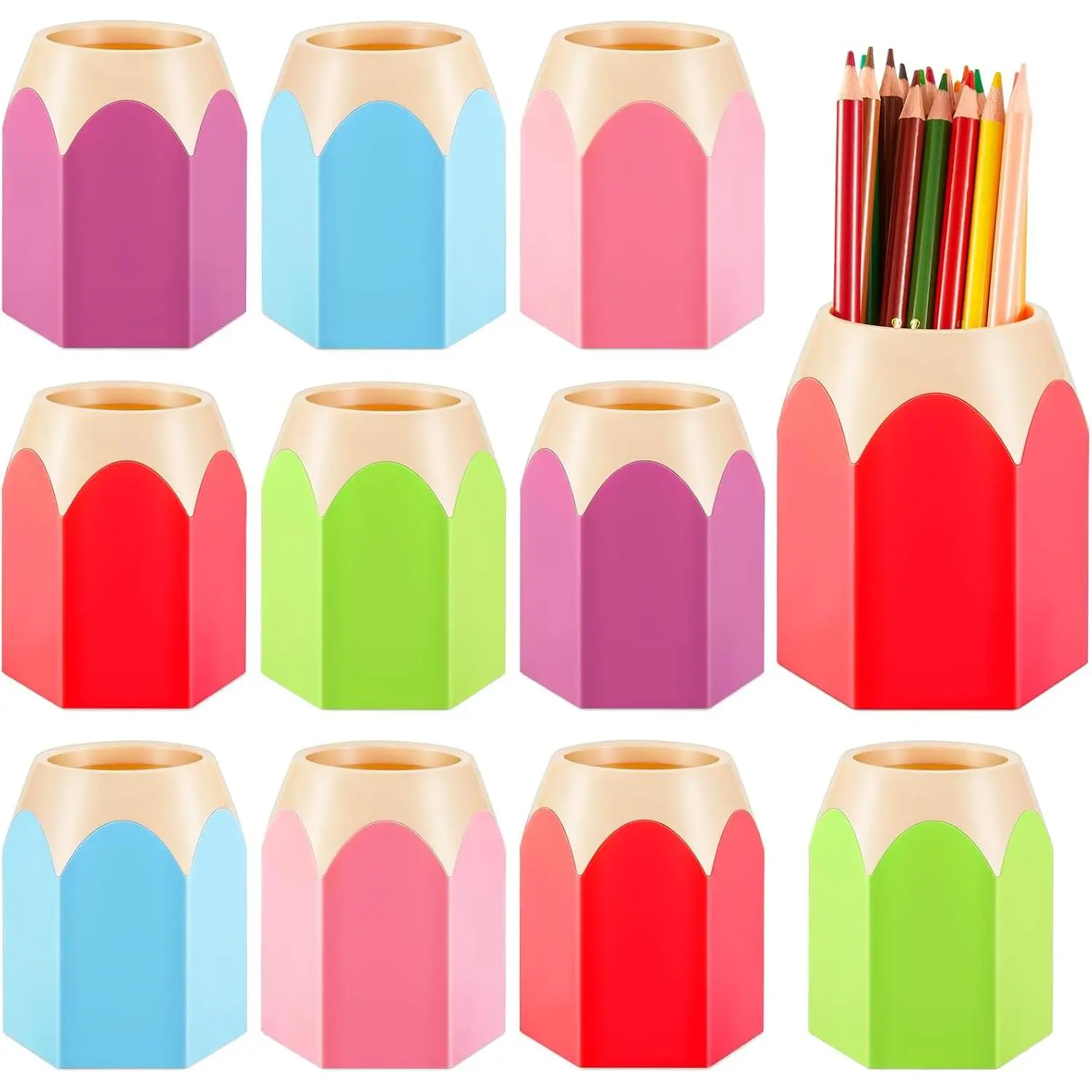10 count Pencil Shaped Cups for Classroom Pencil Dispenser Bulk Cute Pen Holders Storage Desktop Colorful Makeup Brush Container for Classroom  Office Supplies, 5 Colors