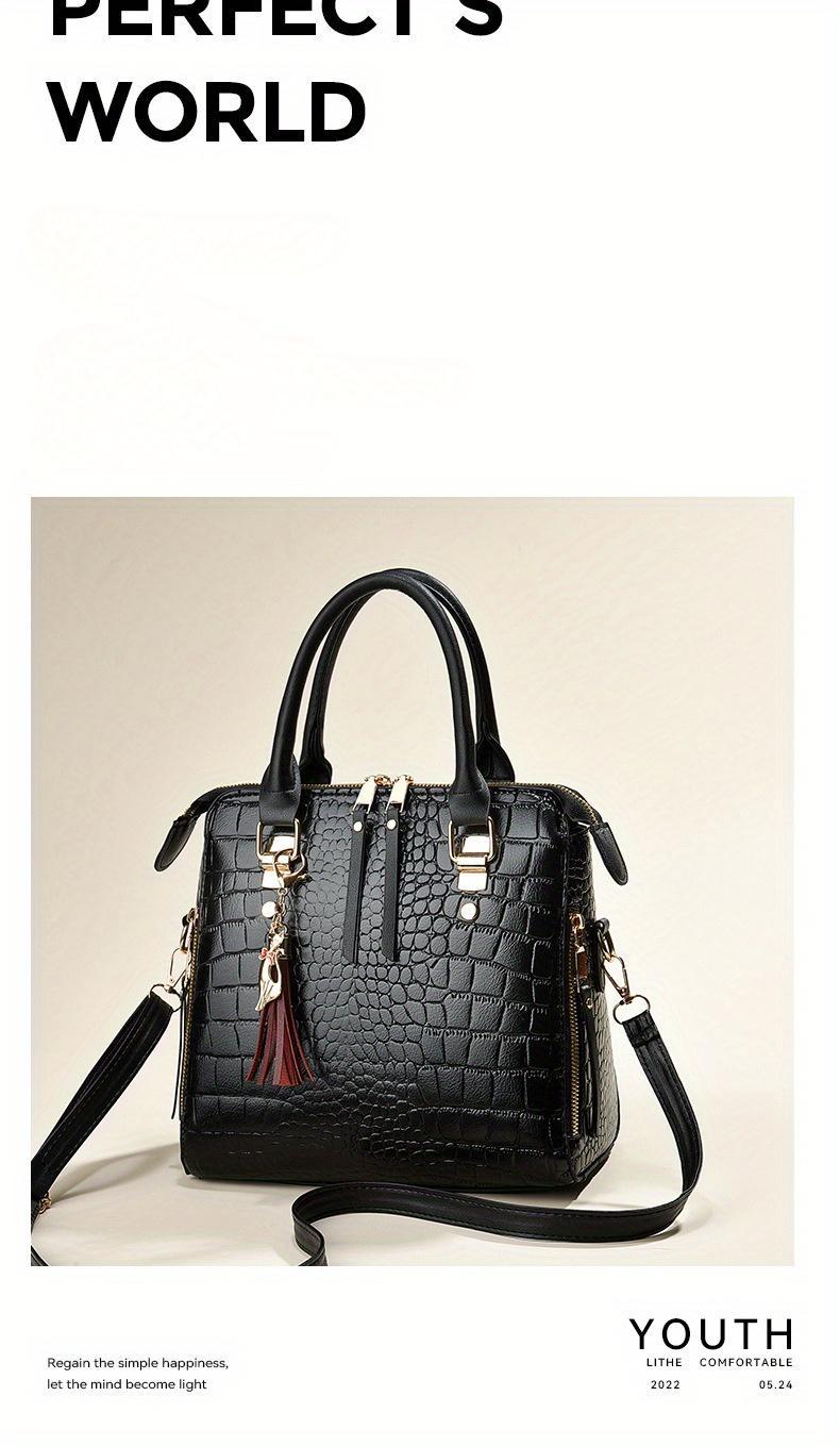 Fashion Crocodile Pattern Women's Handbag 2-piece Set, Women's Shoulder Bag with Tassel Decoration, Metal Cat Pendant Crossbody Bag