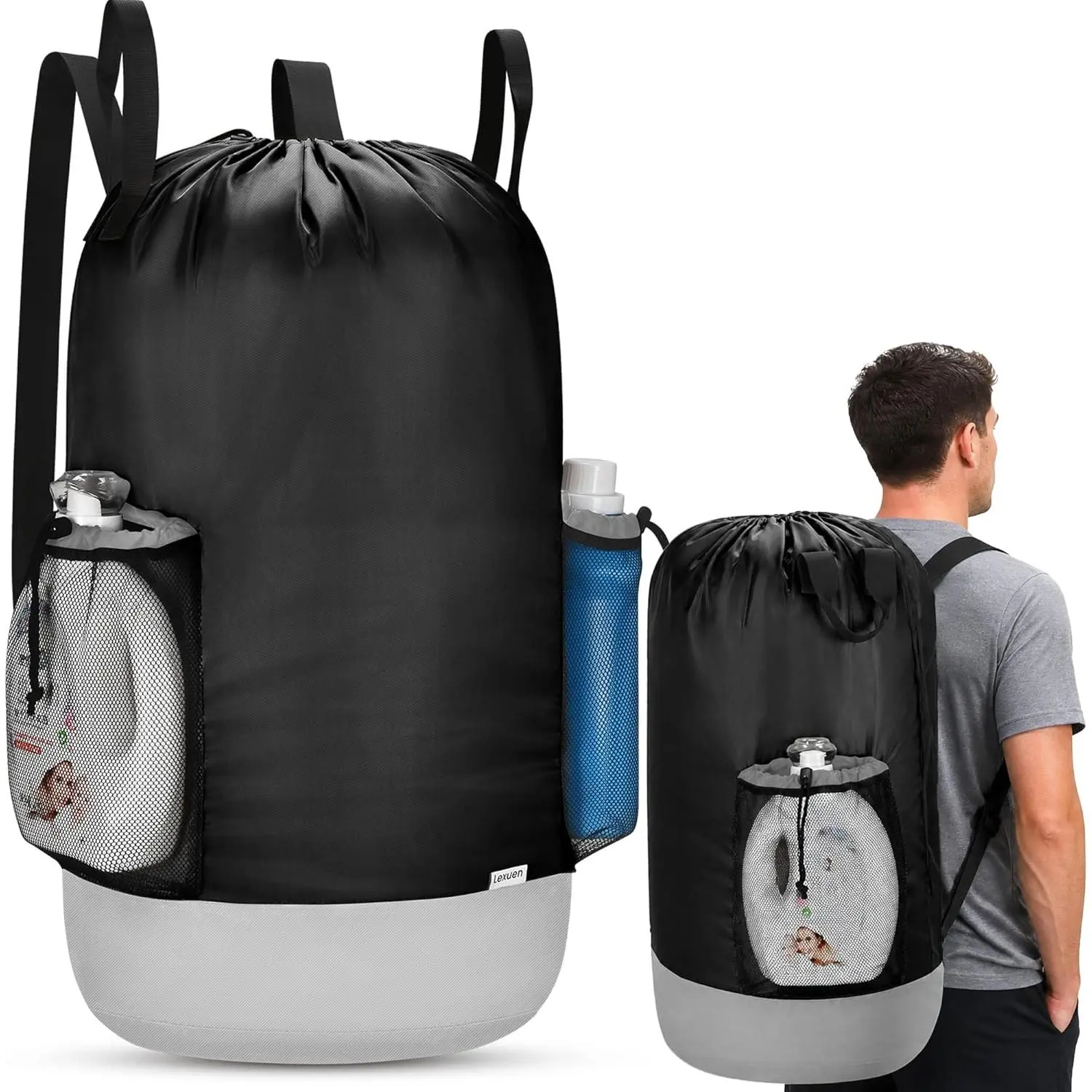 Black Drawstring Mesh Laundry Backpack Clothes Hamper, 29x15 in Waterproof 900D Oxford Nylon Body, Mesh Pockets, Double-Layer Base, Washable Travel Laundry Tool for College Dorms