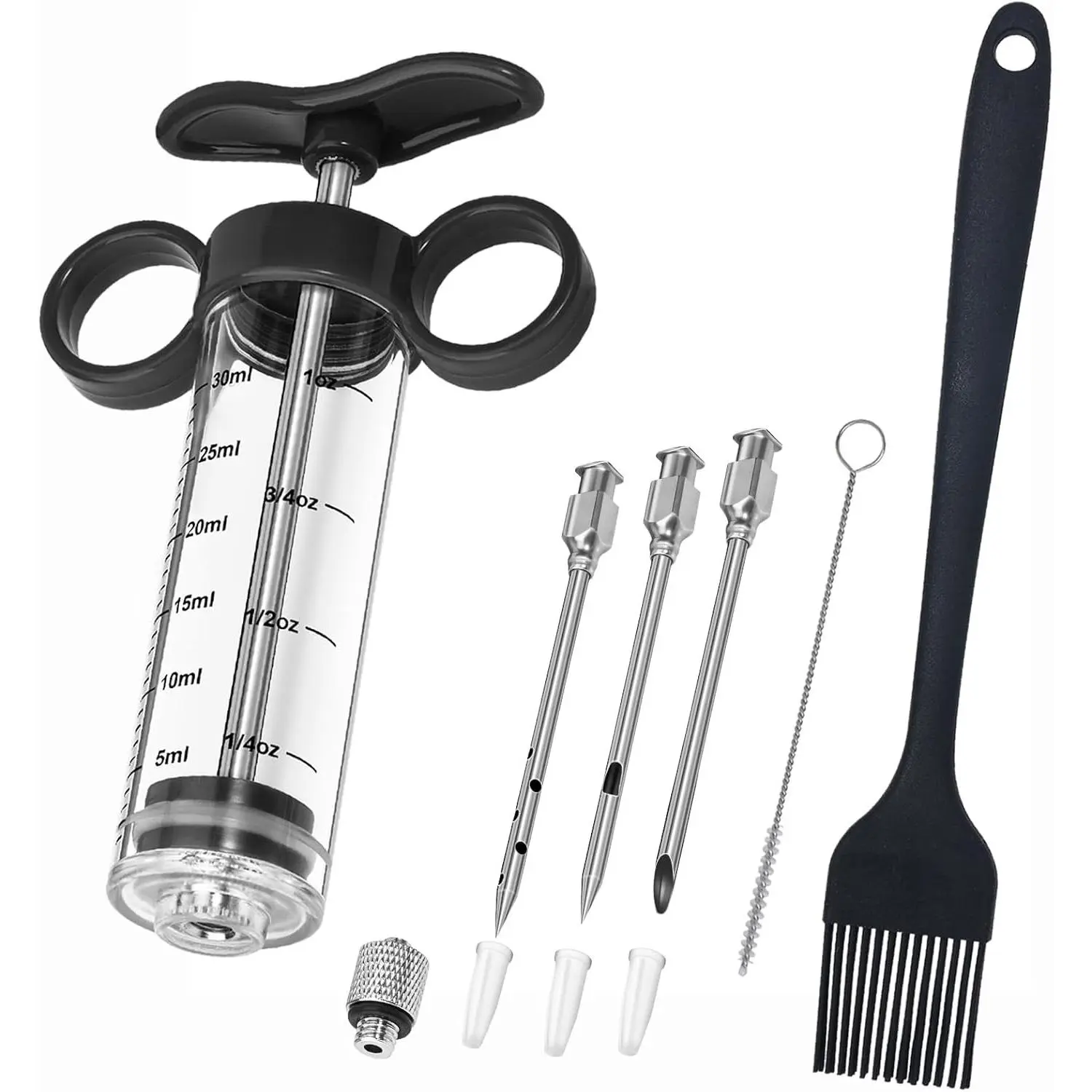 Turkey Injector, Meat Injector Syringe - 3 Marinade for BBQ Grill, 1OZ /30ML Injector Syringe, Handle MeatInjector for Smoking, Flavor Injector for Meat with Oil Brush & Cleaning Brush Black