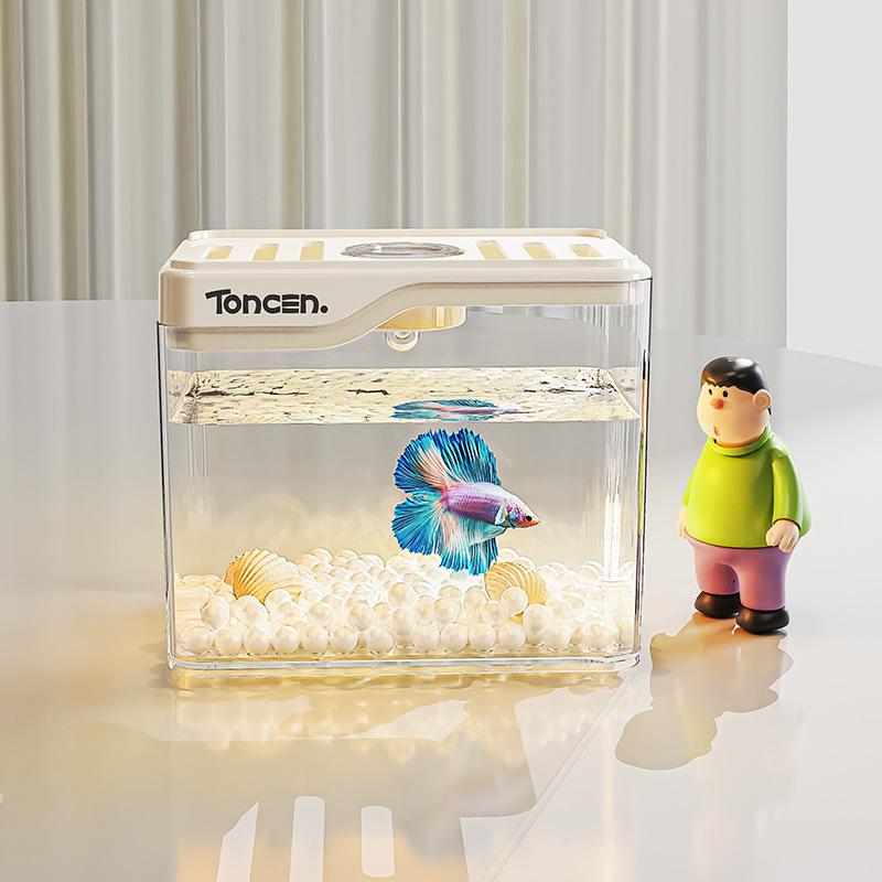 1PC Small Household Fish Tank for Living Room, Desktop Transparent Aquarium, Multifunctional & Decorative Goldfish Bowl with Beautiful Landscape Design, Clear View, Sturdy Structure, Space-Saving, Perfect for Home Office Desktop Decoration and Fish Breedi