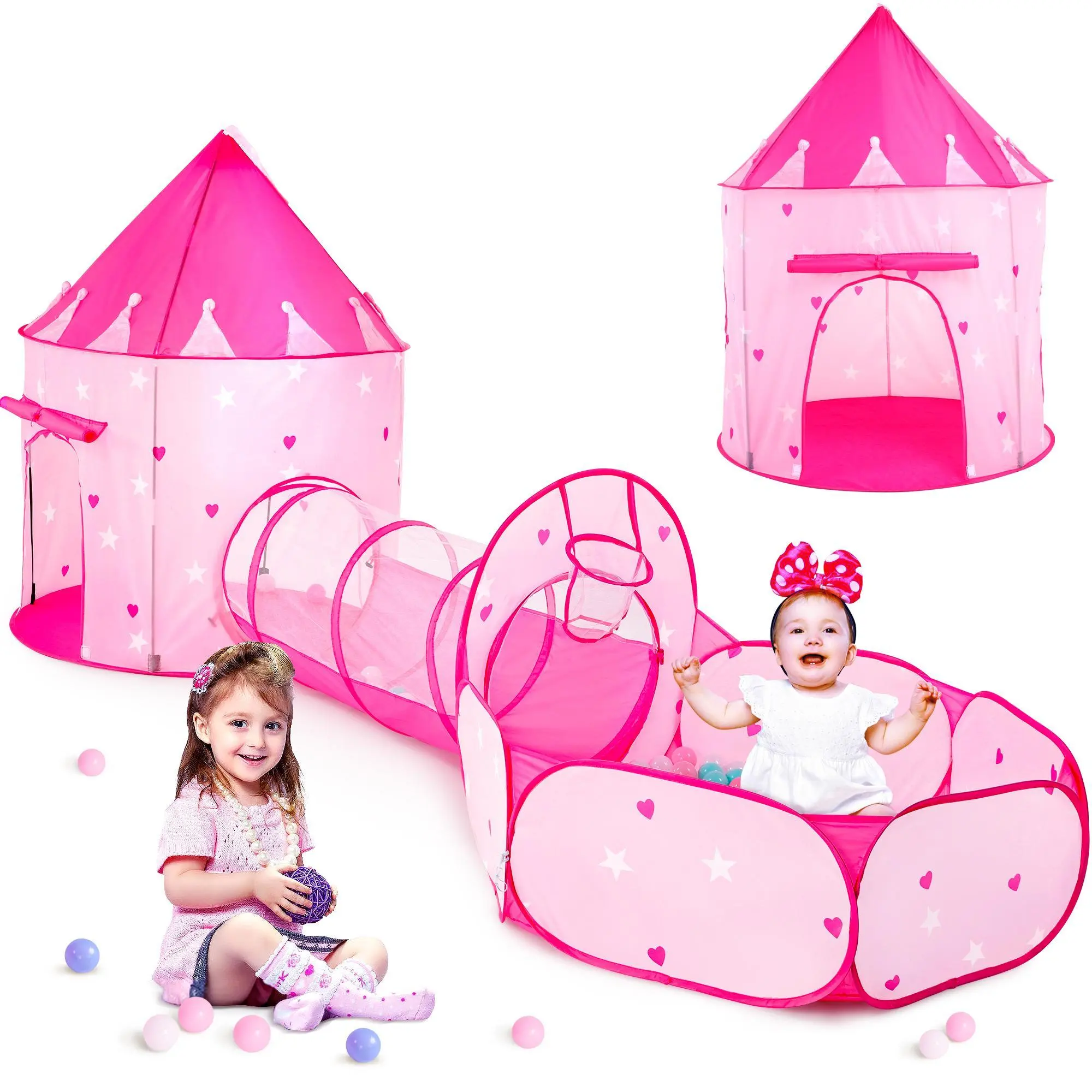 Sumbababy 3pc Kids Outdoor Play Tent Ball Pit, Crawl Tunnel Pop up Toys Indoor Perfect Gifts (without balls) Washable Playhouse Playground Set