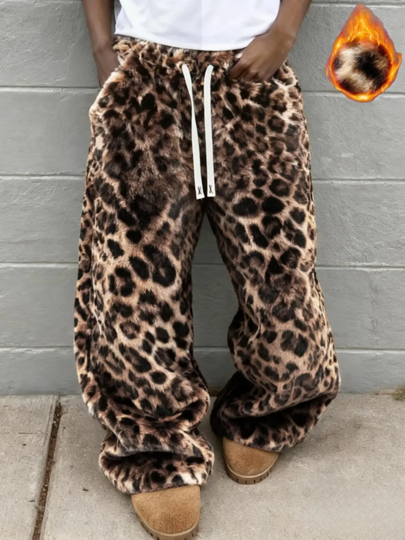 Men's Leopard Print Wide Leg Pants, Elastic Drawstring Waist, Loose Fit, Soft Faux Fur Fabric, Y2K Style, Perfect for Parties and Daily Wear