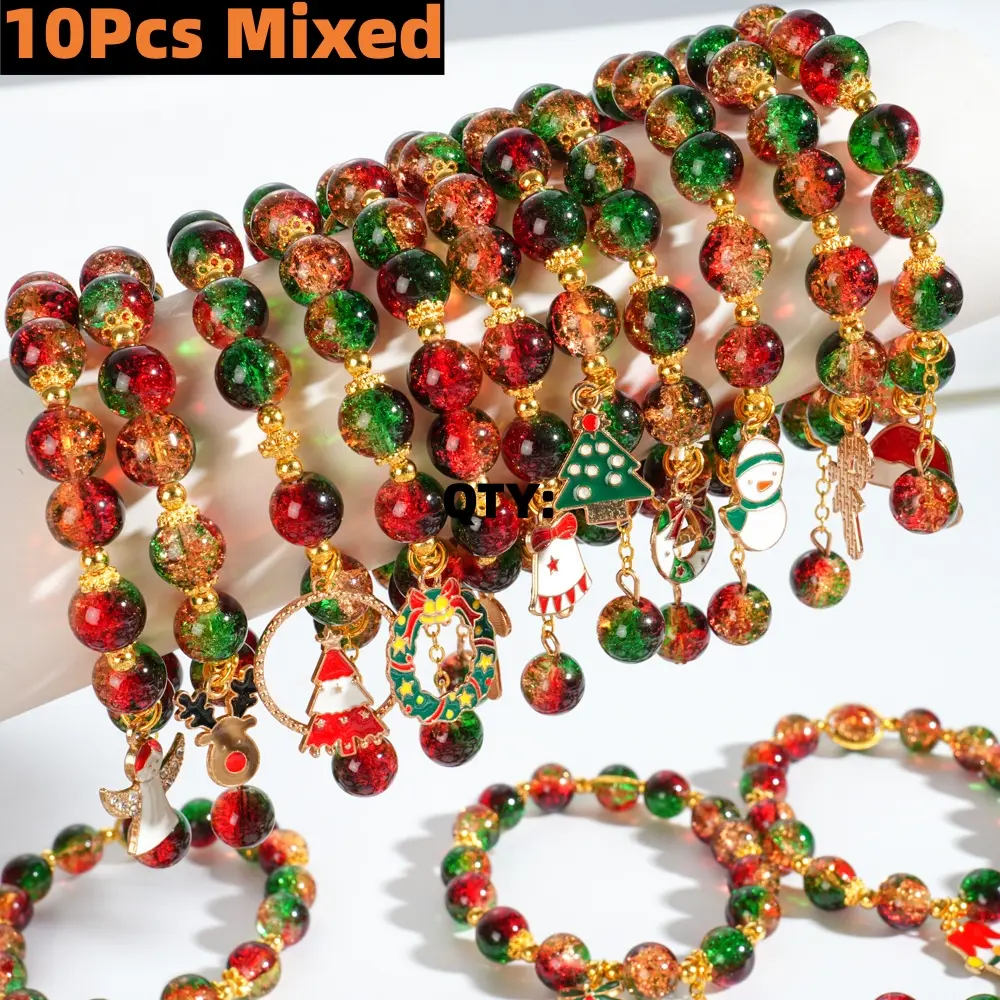 10Pcs Christmas Bracelets Bulk, Shiny Glitter Gradient Red Green Beaded Stretch Bracelets with Santa Snowman Tree Charms, Christmas Party Favors Bag Fillers Stocking Stuffers Holiday Gifts