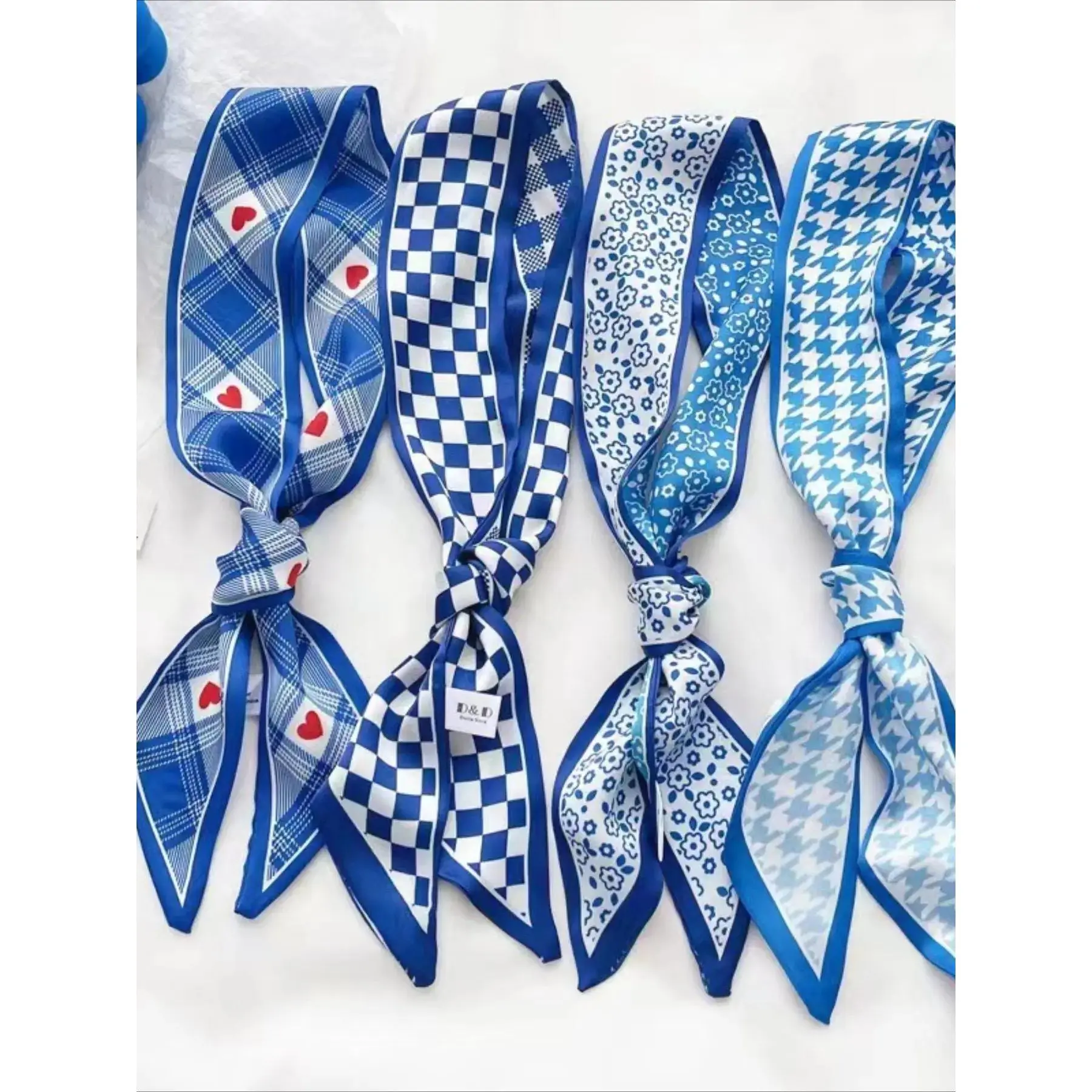 4PCS Blue Twilly Scarf Ribbon Set, Coquette Aesthetic Bag Charm & Hair Accessory, Silk Feel Purse Handle Wrap, Cute Bow Tie for Handbags, Tote Bags, Hair Styling, Preppy Y2K Fashion