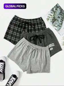 Women's 3pcs Elastic Waist Sleep Shorts, Casual Comfy Pajama Drawstring Waist Sleeping Shorts for Daily Indoor Wear, Women's PJ Bottoms for All Seasons, Summer Outfits 2024