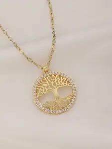 Life Tree Pendant Necklace, Round Cutout Zirconia Chain, Geometric Clavicle Jewelry, Daily Wear, Anniversary Gift