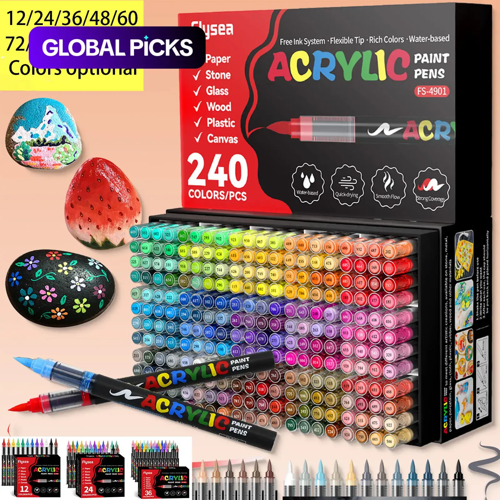 Acrylic Paint Soft Brush Markers Set, Soft Brush Tip, Auto-Flow Ink System, Paint Markers for Wood, Stone, Canvas, Glass, Fabric, DIY Painting Supplies, DIY Crafts #GLOBAL PICKS