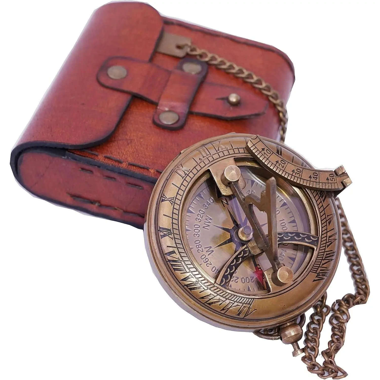 Handcrafted Vintage Brass Sundial Compass – Antique Nautical Sun Clock with Leather Case – Engraved Collectible Brass Compass Gift for Men - Nautical Gifts for Men, Best Anniversary Vintage Gifts