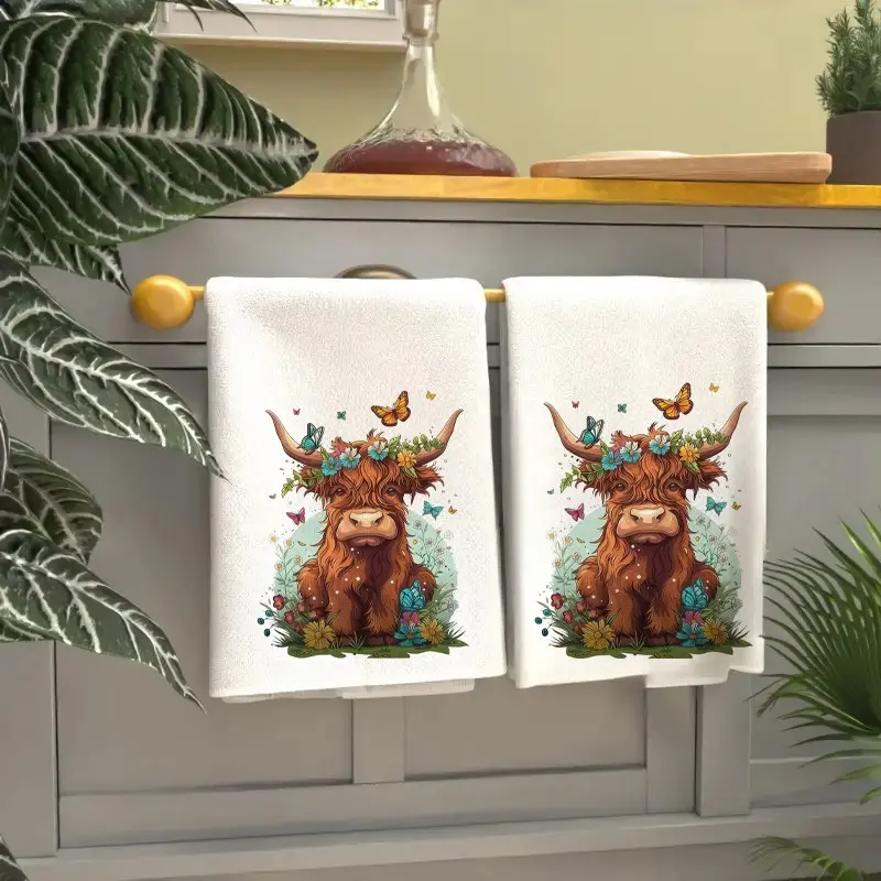 2pcs Cute Highland Cow Design Kitchen Towel Set, Soft Absorbent Dish Cloth, Tea Towel, 100% Microfiber, Super Absorbent Reusable, Durable, Home Decor, Gift Idea,Cow print tiwels,highland cow stuff for kitchen, Kitchen Cleaning Towels