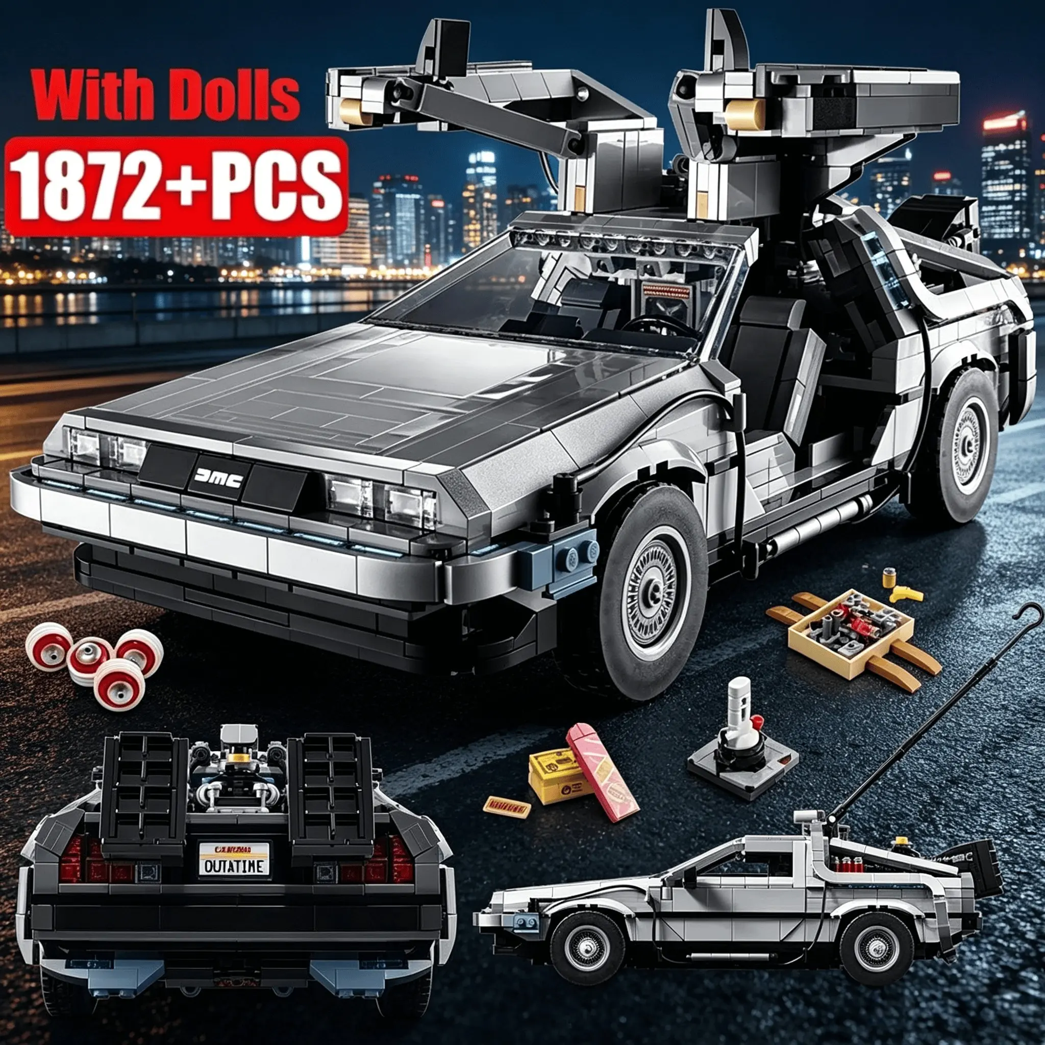 Suitable for 1872PCS original "Back to the Future" time machine racing car building block toy model kit 10300 Model Building Kits, educational DIY assembly STEAM toy for children, table decoration, Christmas gift, and birthday present