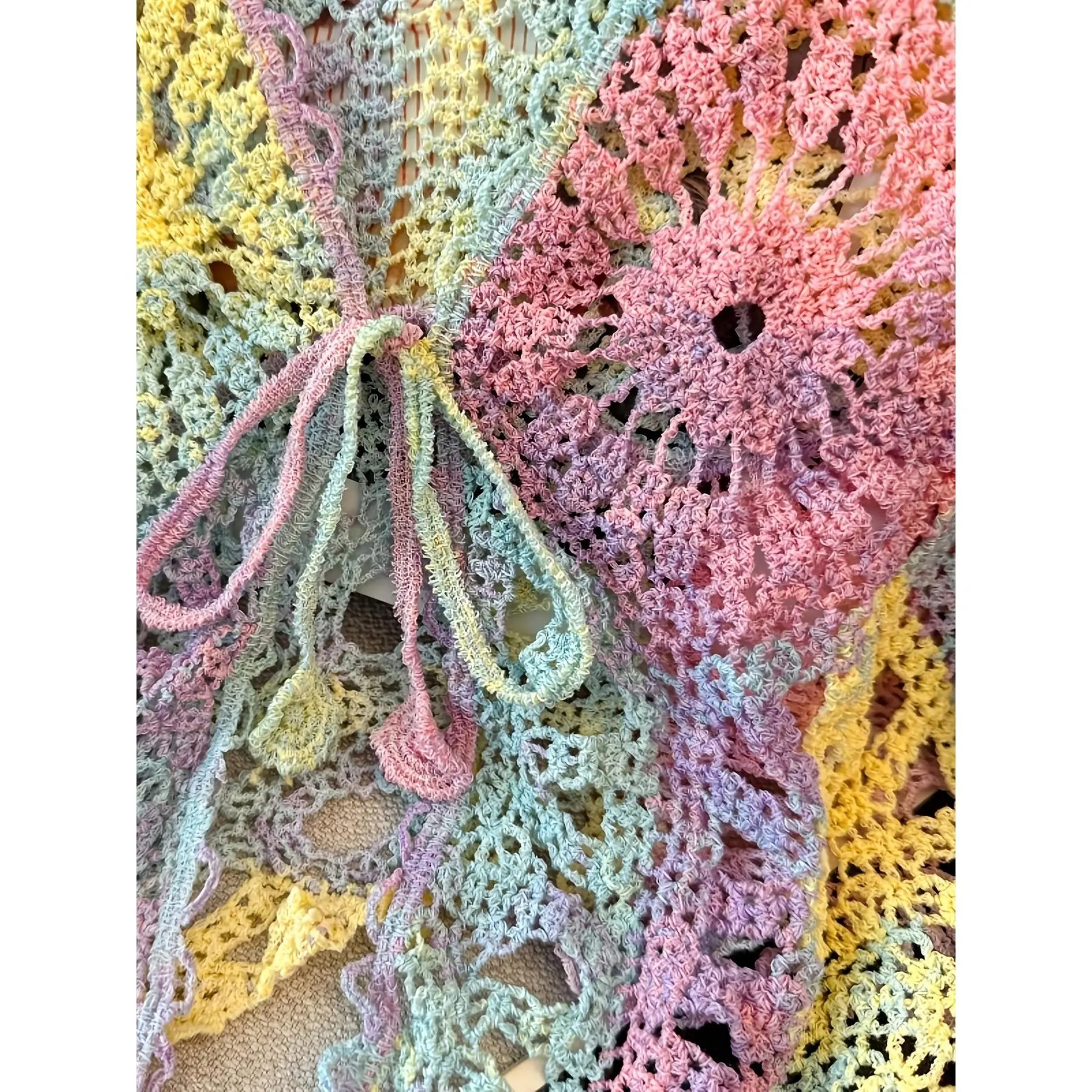 Women's,Tie,Back,Sweater,Rainbow Gradient Dopamine Crochet Floral Design Openwork Long-sleeve Cropped Cardigan Top