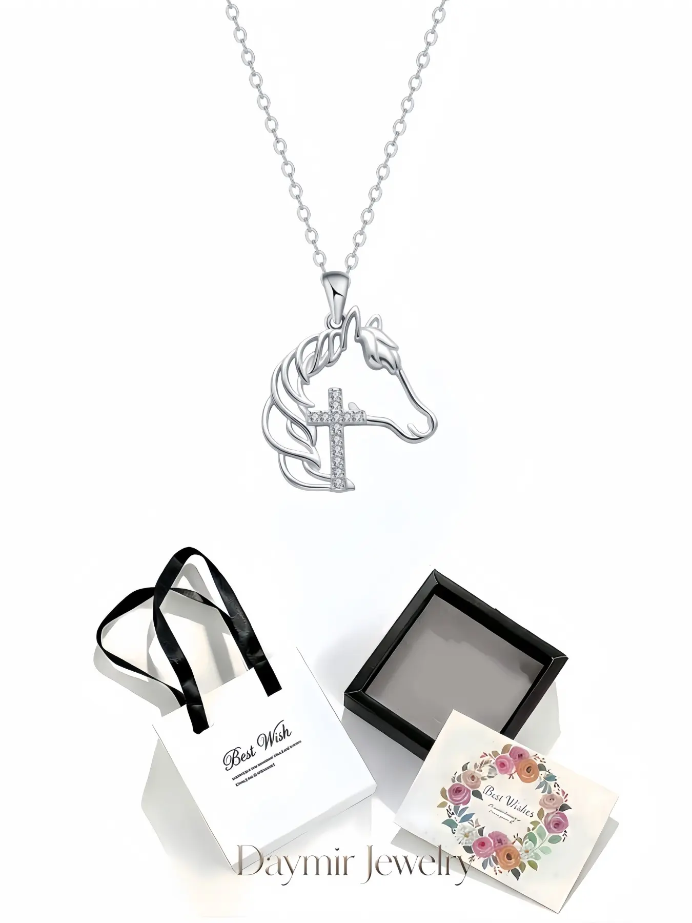Diamond Horse Head Cross Necklace, original unique equestrian pendant clavicle chain for women. Comes with an exquisite drawer jewelry box, perfect gifts for birthdays, Mother’s Day, Valentine’s Day, Christmas and anniversaries.