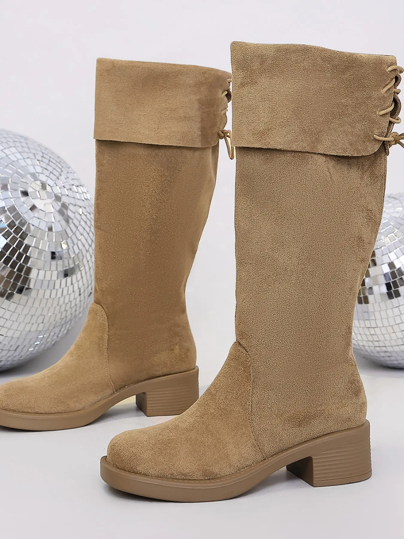 Vintage Faux Fur Wide Leg Knee High Boots, Chunky Heel Anti-Slip Comfortable Fashion Shoes, Daily Wear Tall Boot for Height Boost