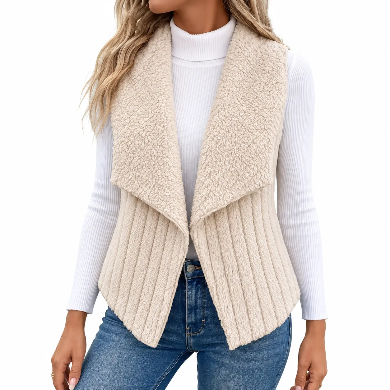 Women's Fuzzy Sleeveless Open Front Vest, Sherpa Style Plush Waterfall Collar Layering Waistcoat, Soft Textured Casual Outerwear for Fall Winter, Cozy Relaxed Fit Vest for Daily Wear, Work, Travel, Weekend & Holiday Outfits