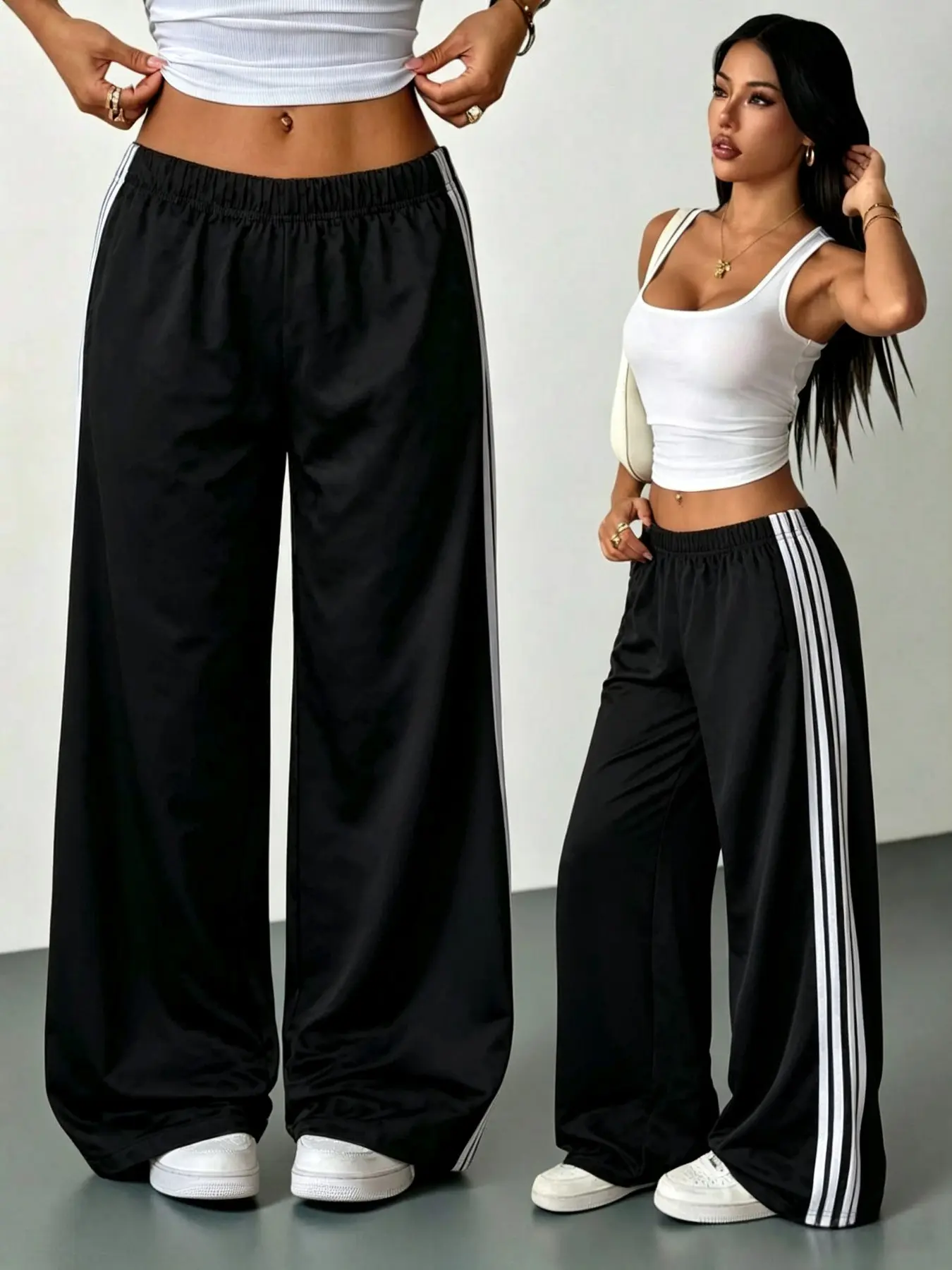 Women's Side-Stripe Loose Wide-Leg Straight Pants, Elastic waistband design, Y2K-style casual sweatpants. Comfortable fabric, a streetwear fashion staple. Suitable for daily commuting, shopping trips, graduation season, and back-to-school occasions.
