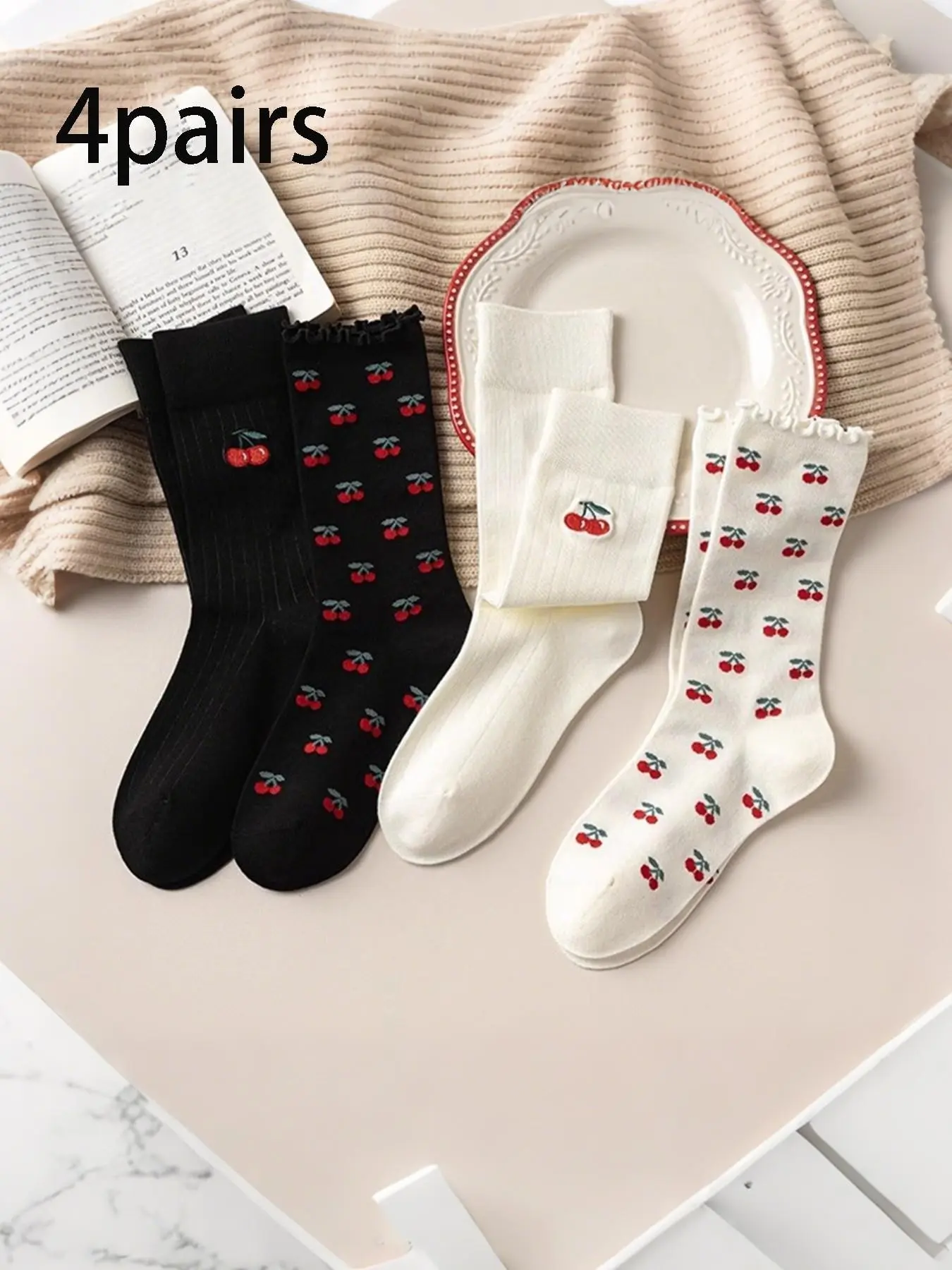 5 Pairs Women's Mid-Calf Socks, Cute Cherry Design, Soft Comfortable, All-Season, Embroidered, Pair with Leather Shoes, Daily Wear