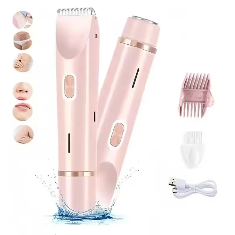 2-in-1 Electric Shaver, Dual-Head Bikini Trimmer for Women, USB Rechargeable Full-Body Hair Removal Razor for Underarm, Leg and Body, Waterproof Portable Multifunctional Hair Trimmer Shaver
