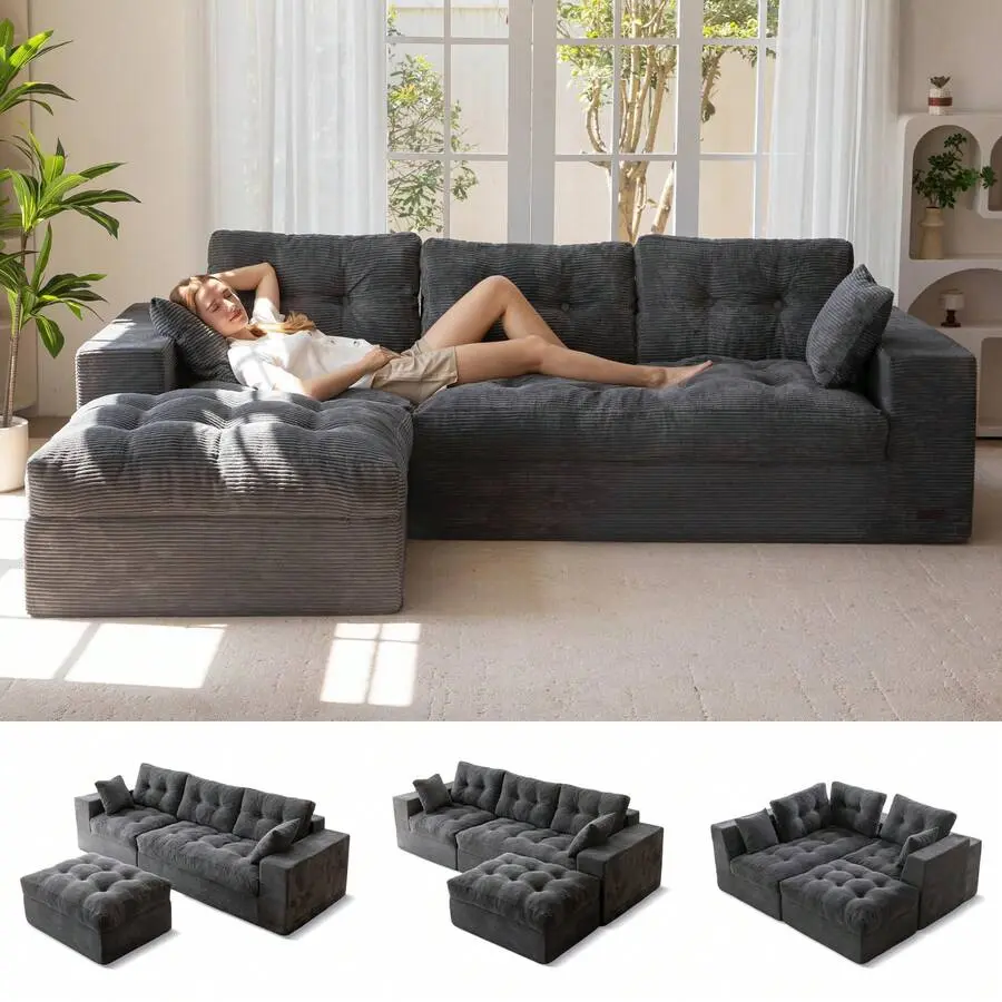 L-Shaped Modular Sofa With Convertible Left/Right Ottoman,Cloud-Textured Tufted Cushions,Four Combinations,Sofa In A Box,No Assembly Required
