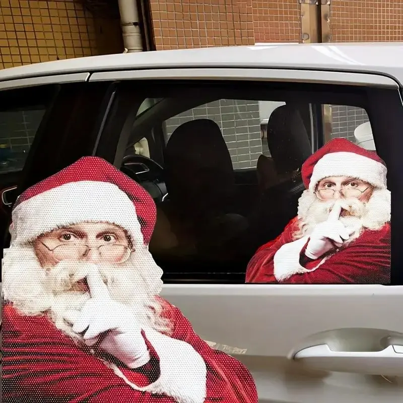 2 Piece Christmas Car Rear Window Stickers, PVC Self-Adhesive Santa Claus Gesture Decals, Fun Car Window Decorations, Left and Right, Car Decorative Sticker