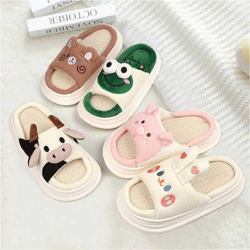 Four Season Cartoon Cow Women Linen Slippers Couples Indoor Soft Sandals Men Home Comfortable Slides Adults Cozy Non-slip Shoes house fuzzy open-toe summer