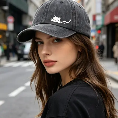 Cute Cartoon Cat Print Washable Material Soft Top Baseball Cap, Unisex Casual Fitted Sun Hat, All Seasons Fashion Accessory, Animal Hats