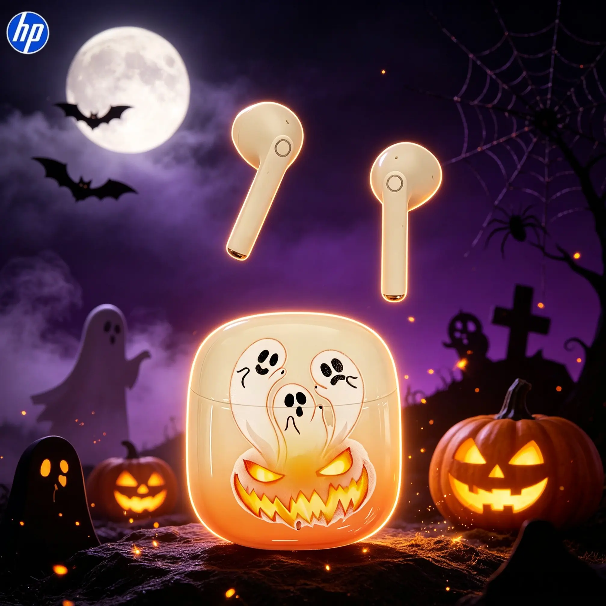 Genuine HP Bluetooth 6.0 Wireless Earbuds, Halloween Limited Edition, HD call quality, 120-hour ultra-long battery life, IPX4 water-resistant in-ear design, with microphone, perfect as a Halloween gift, ideal for everyday use and gaming
