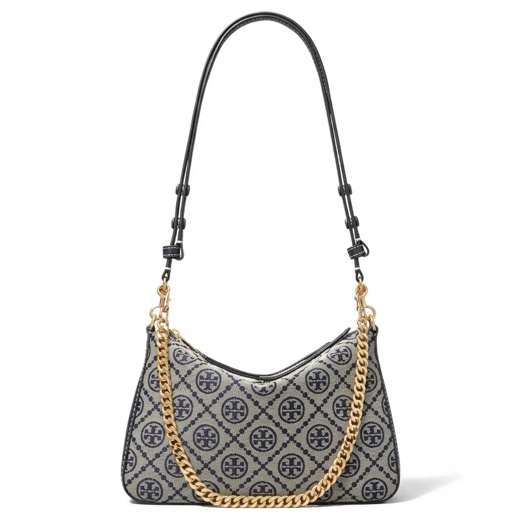Tory Burch T Monogram Detachable Chain Embroidered Fabric and Leather Crossbody Bag for Women, Navy Blue