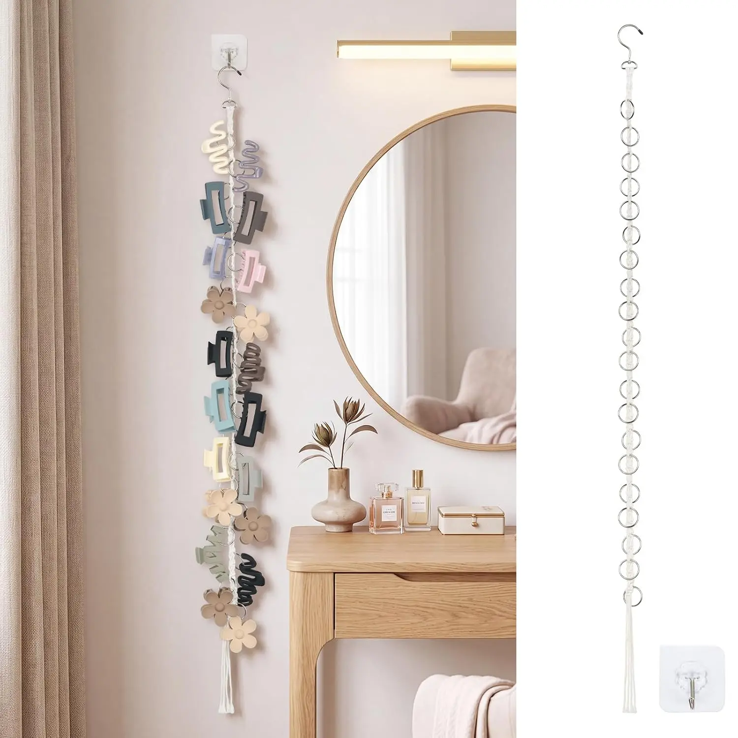 Claw Clip Organizer Chain w/20 Metal Rings Hair Clip Holder | 360° Rotating Bow Clip Holder for Girls Women, Plush  Display,Wall Door Hair Accessories Organizer Storage Room Decor