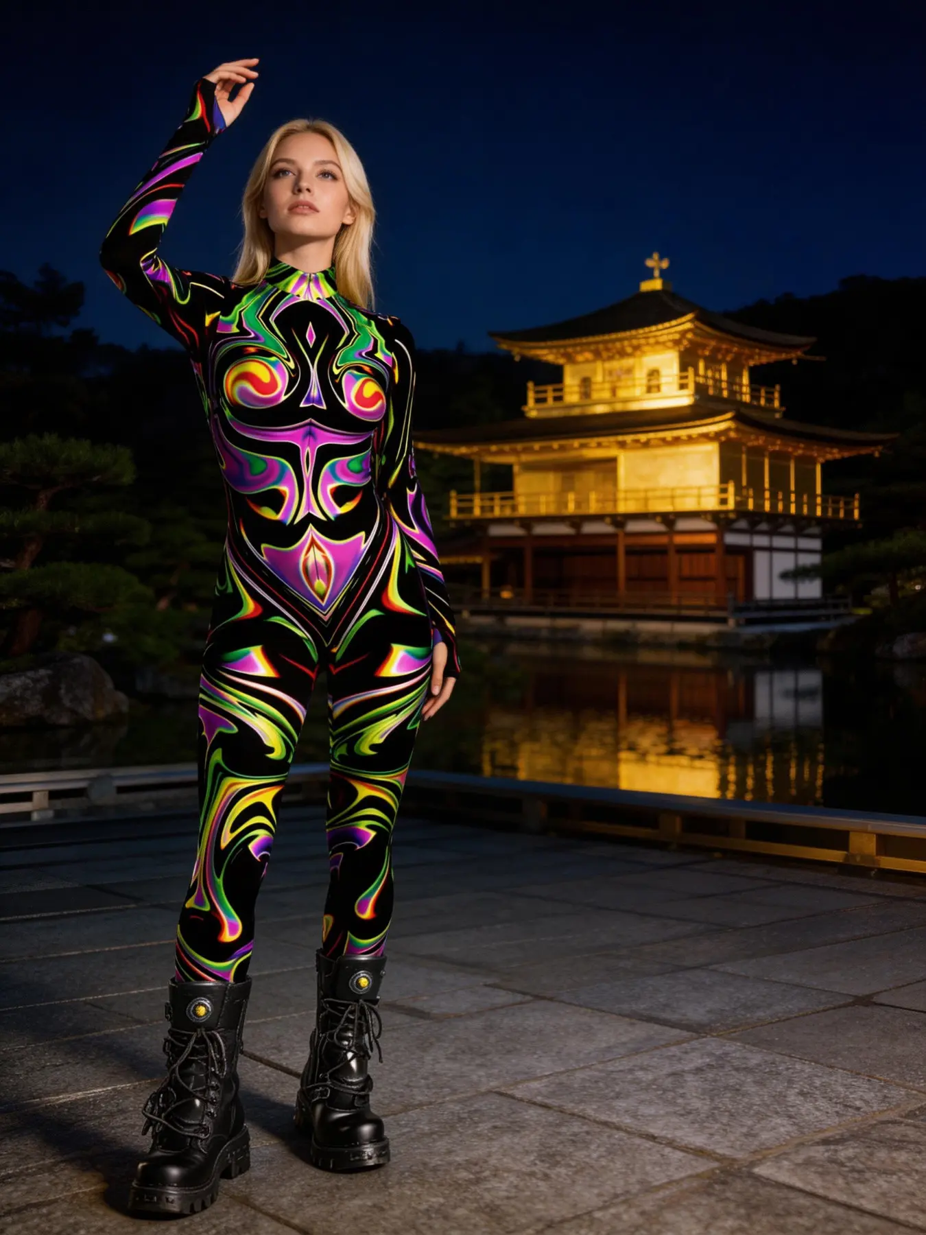 Fluid Graffiti Print Bodysuit, High Neck Long Sleeve Finger Hole Full Elastic Bodysuit, Easter Halloween Music Festival Stage Costume, Festival Costumes, Clothes