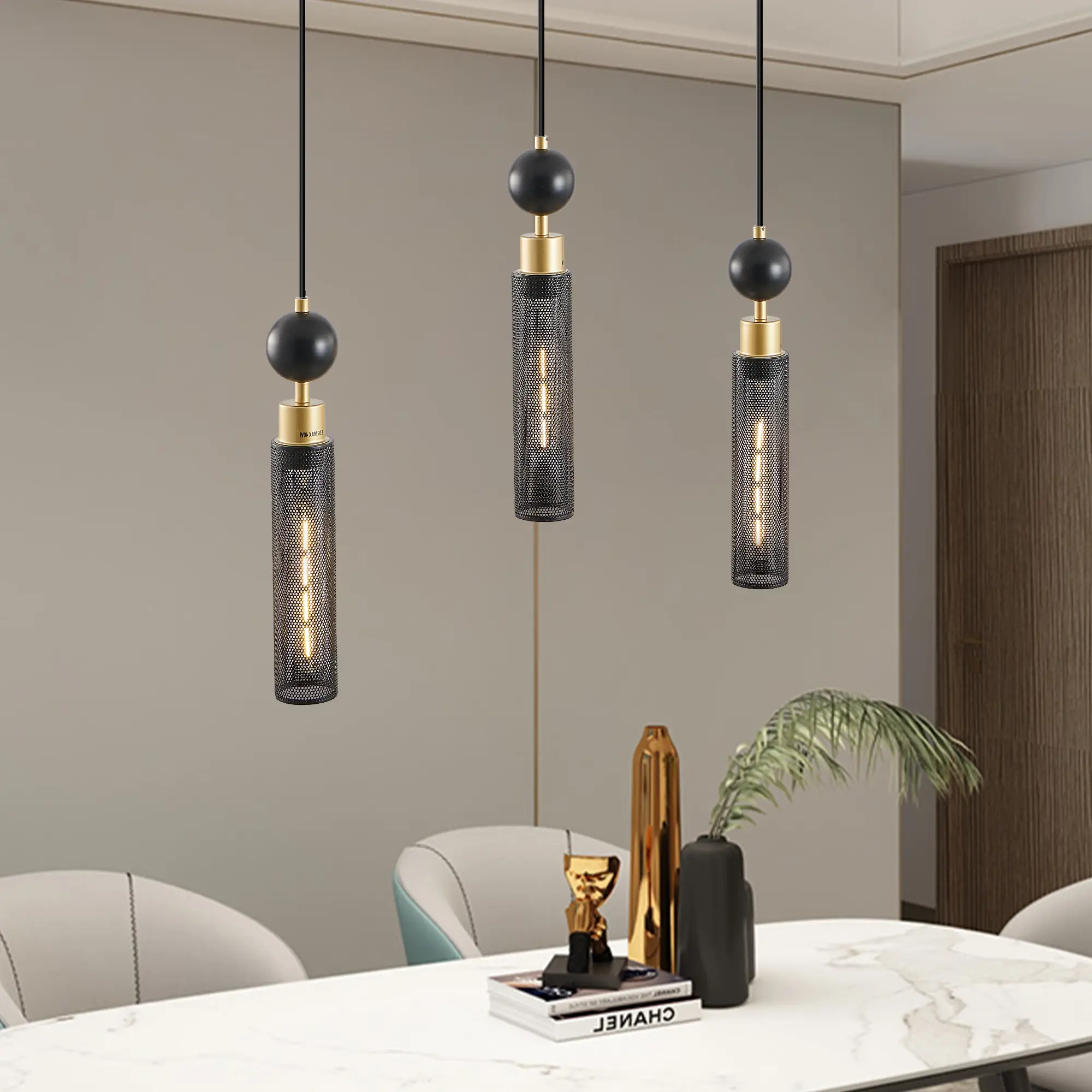 Nokaa 25-Inch Modern Black and Gold 3-Light Pendant Chandelier, Adjustable Hanging Cylindrical Mesh Shade, E26 Base, Ideal for Dining Room, Kitchen Island, Living Room Lighting, No Bulbs Included, Black Finish, Iron Construction