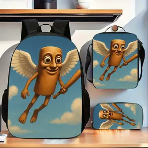 Tung Tung Tung Sahur Blue Sky Clouds Print Three-in-One Backpack Set with Winged Wooden Man Design for Daily Use at the Start of the School Year