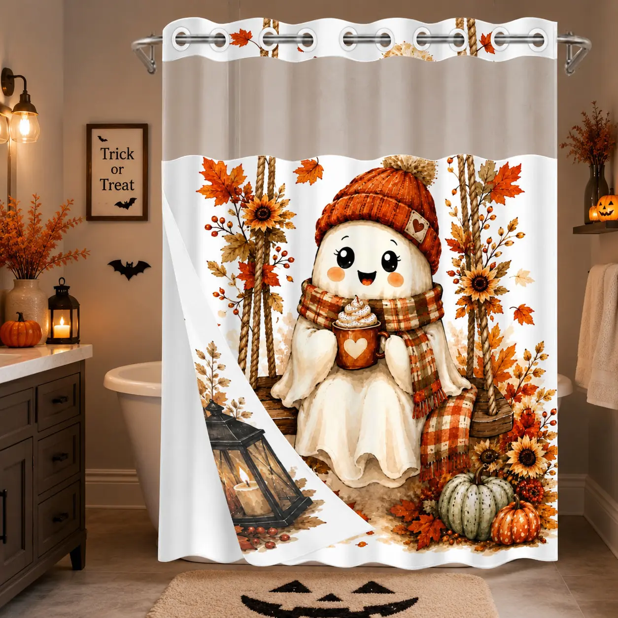 1PC 2D Flat Cute Ghost on Swing, Hot Cocoa, Pumpkin, Sunflower & Autumn Leaf Pattern Double-Layer Woven Decorative Shower Curtain, No Hooks, Transparent Top Window, Removable Snap-On Liner, Cozy Fall Bathroom Art Decor, Halloween & Holiday Decoration