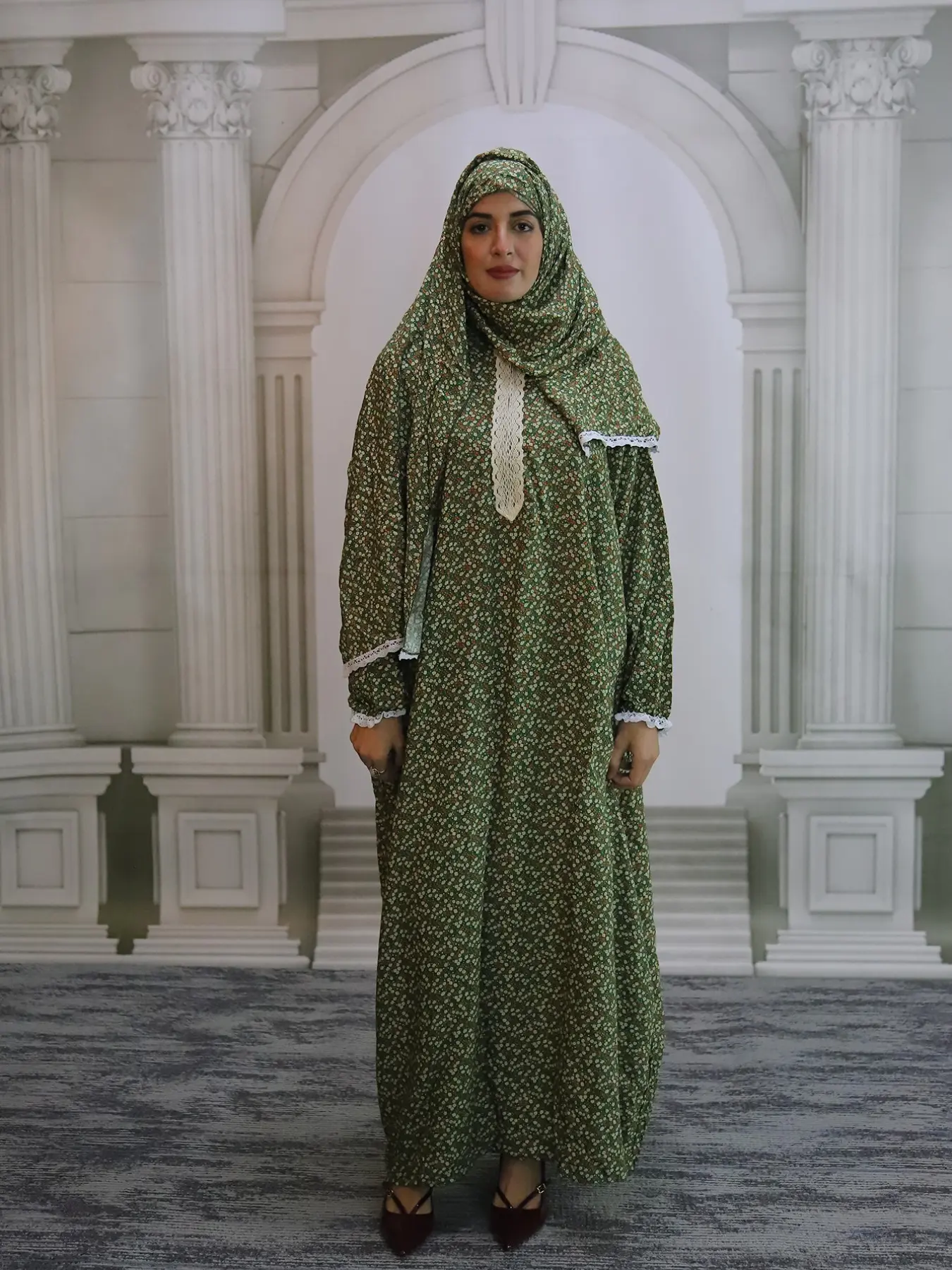 Middle Eastern Women's High-End Elegant Lace Scarf Prayer Dress, Fashion Printed Long Dress, Modest Loose-Fitting Long Sleeve Dress