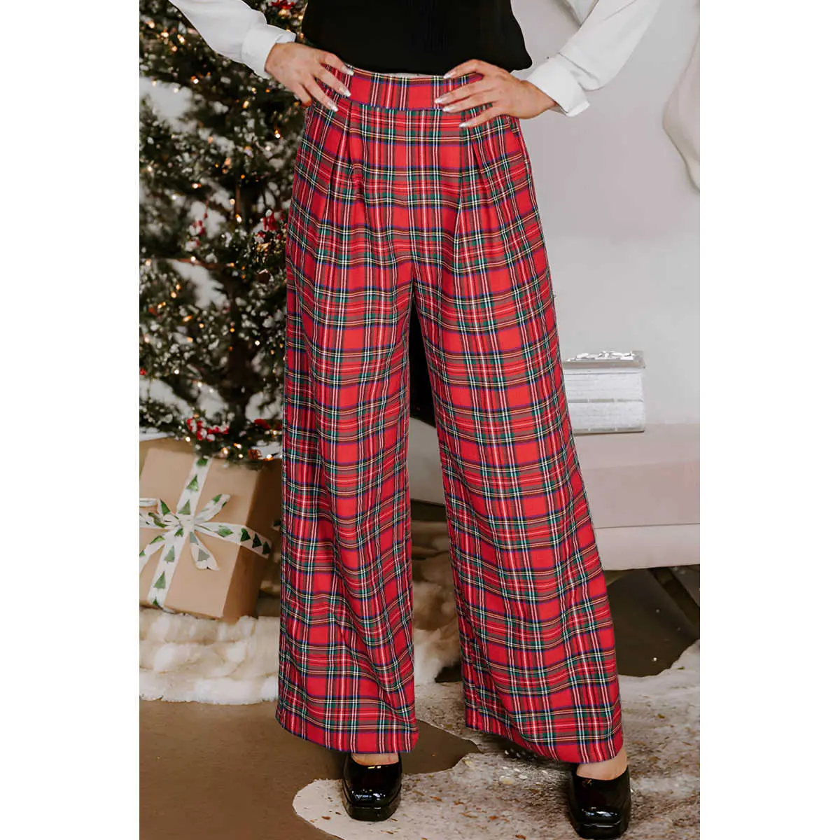 Red Festive Plaid Wide Leg Pull On Pants