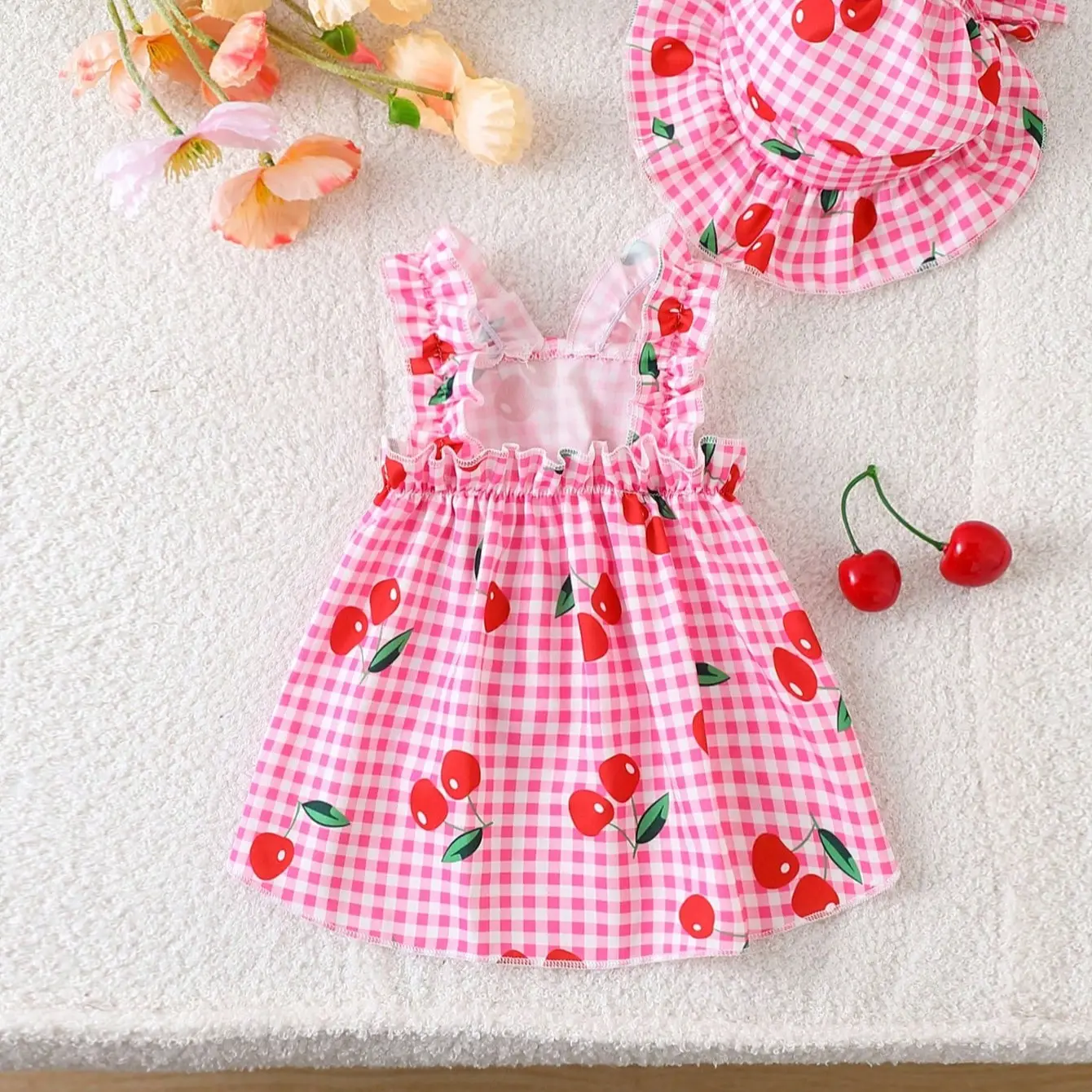 Classic Plaid Cherry Print Dog Dress Set with Hat, Adorable Cat and Dog, Stylish Pet Clothing for Special Occasions