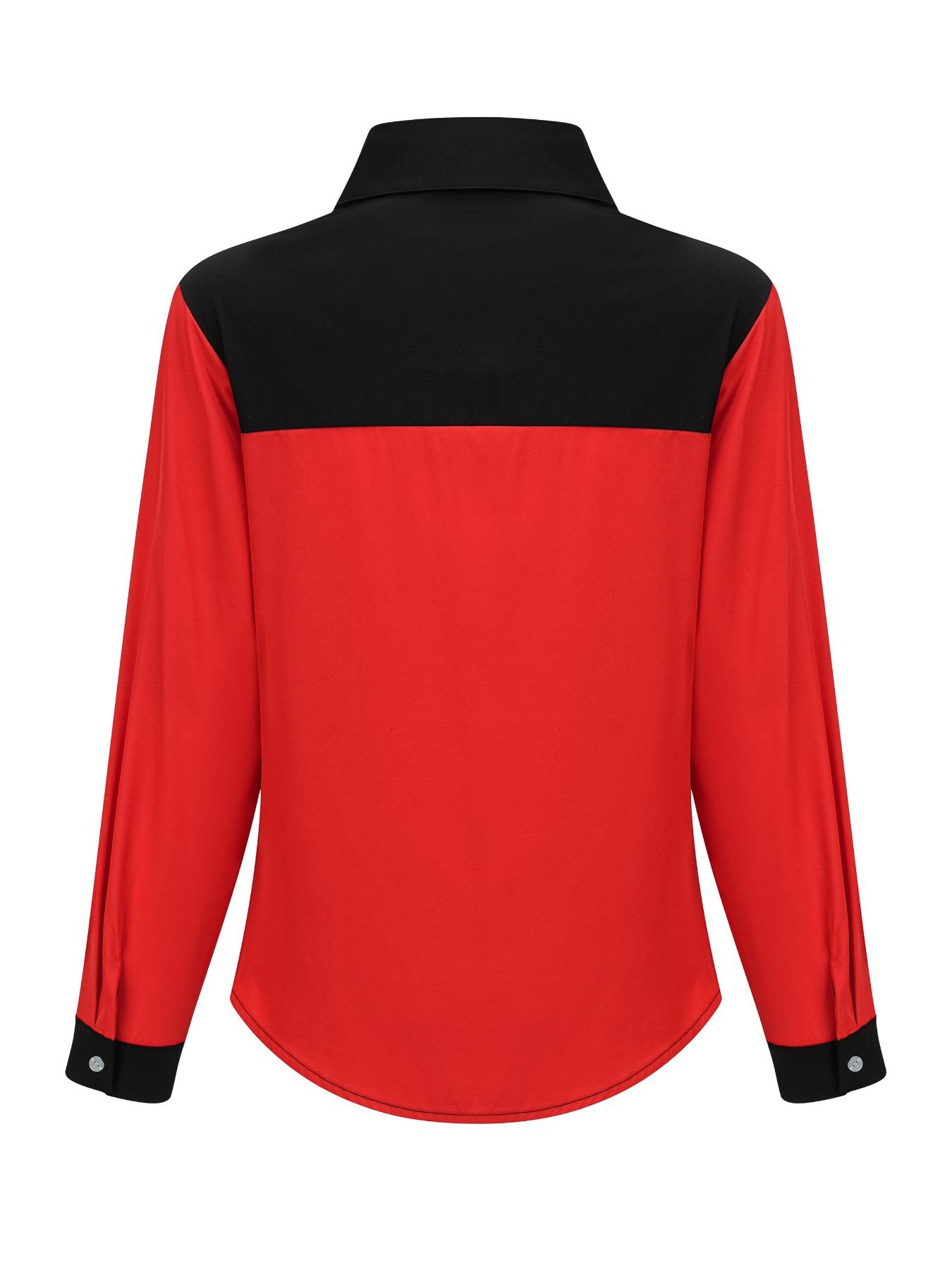 Women's Colorblock Flap Detail Button Front Shirt Blouse, Elegant Long Sleeve Collared Top for Spring & Fall, Fall Tops, Ladies Clothes for Work Office Business